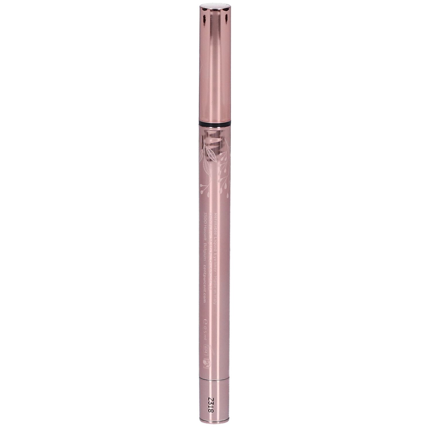 Stylo eyeliner fin, couleur rose. Pointe noire et capuchon. Gravure sur le corps.