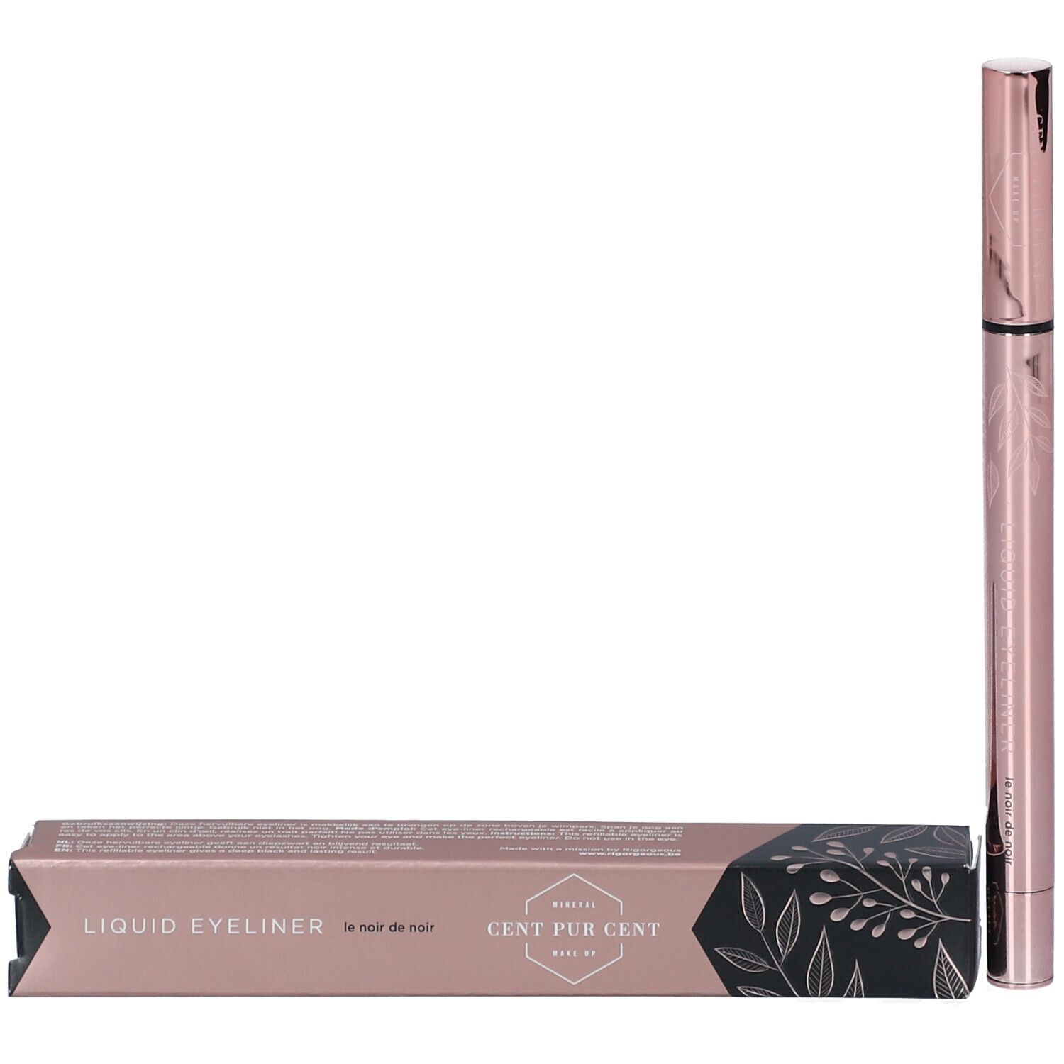 Stylo eyeliner rose et emballage. Emballage avec motif floral et texte.