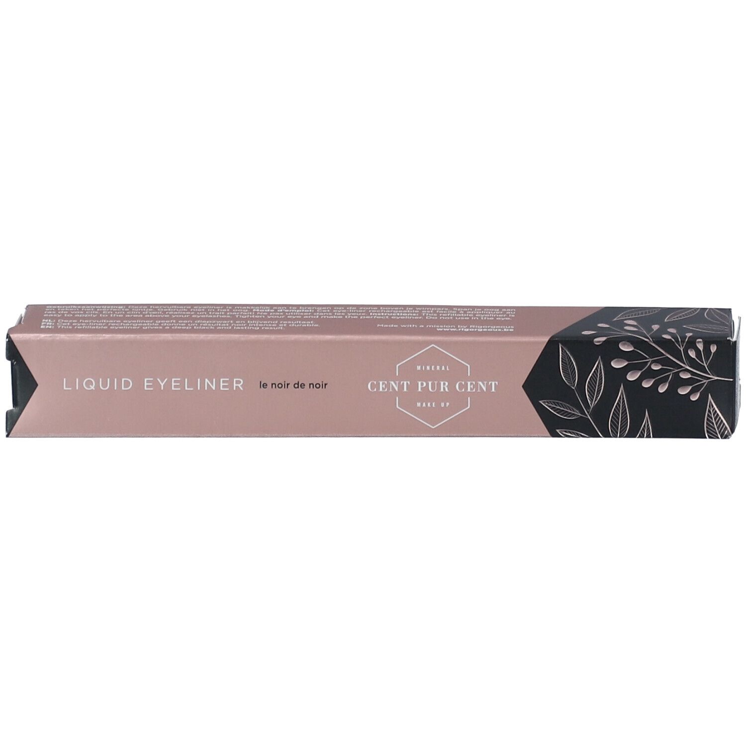 Emballage pour eyeliner liquide. Rose avec motif floral et texte.