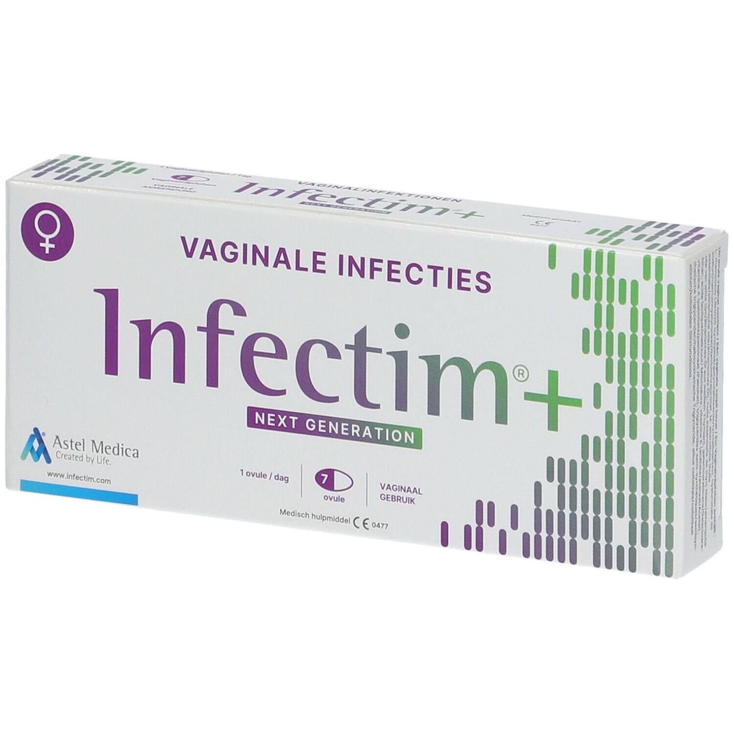 Boîte "Infectim+" pour infections vaginales. Contient 7 ovules. Logo Astel Medica.