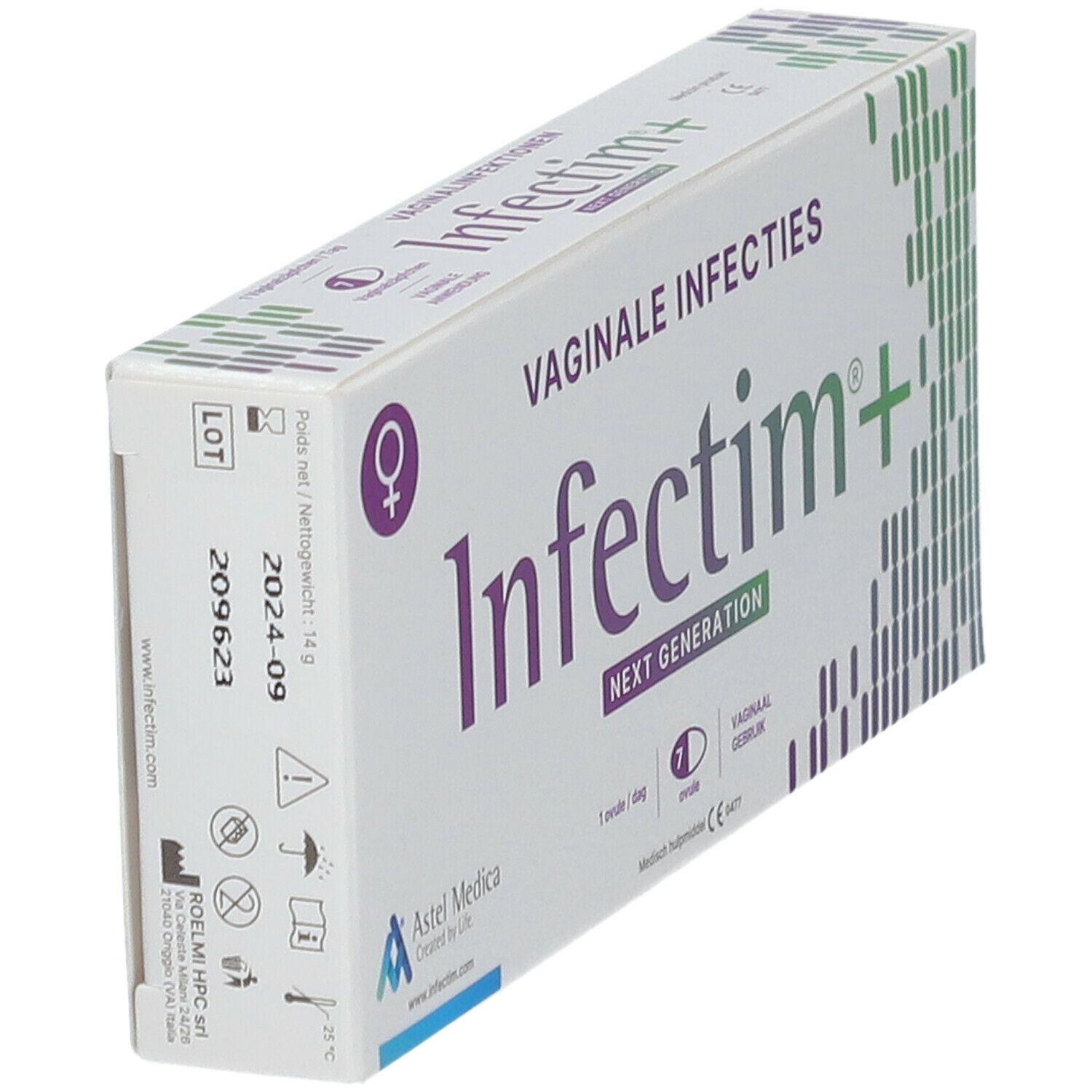 Boîte "Infectim+" pour infections vaginales. Contient 7 ovules. Logo Astel Medica. Numéro de lot.