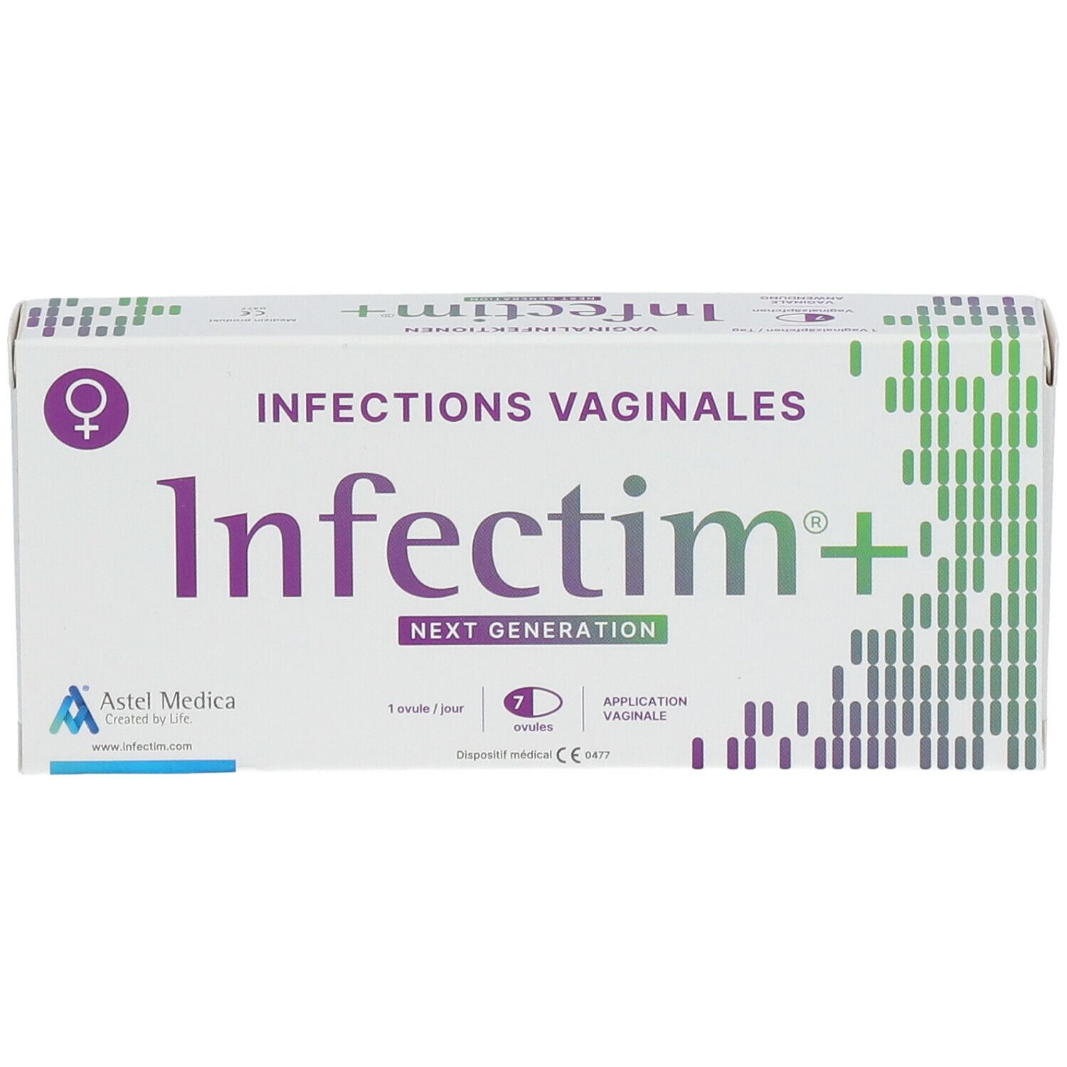 Boîte "Infectim+" pour infections vaginales. Contient 7 ovules. Logo Astel Medica.