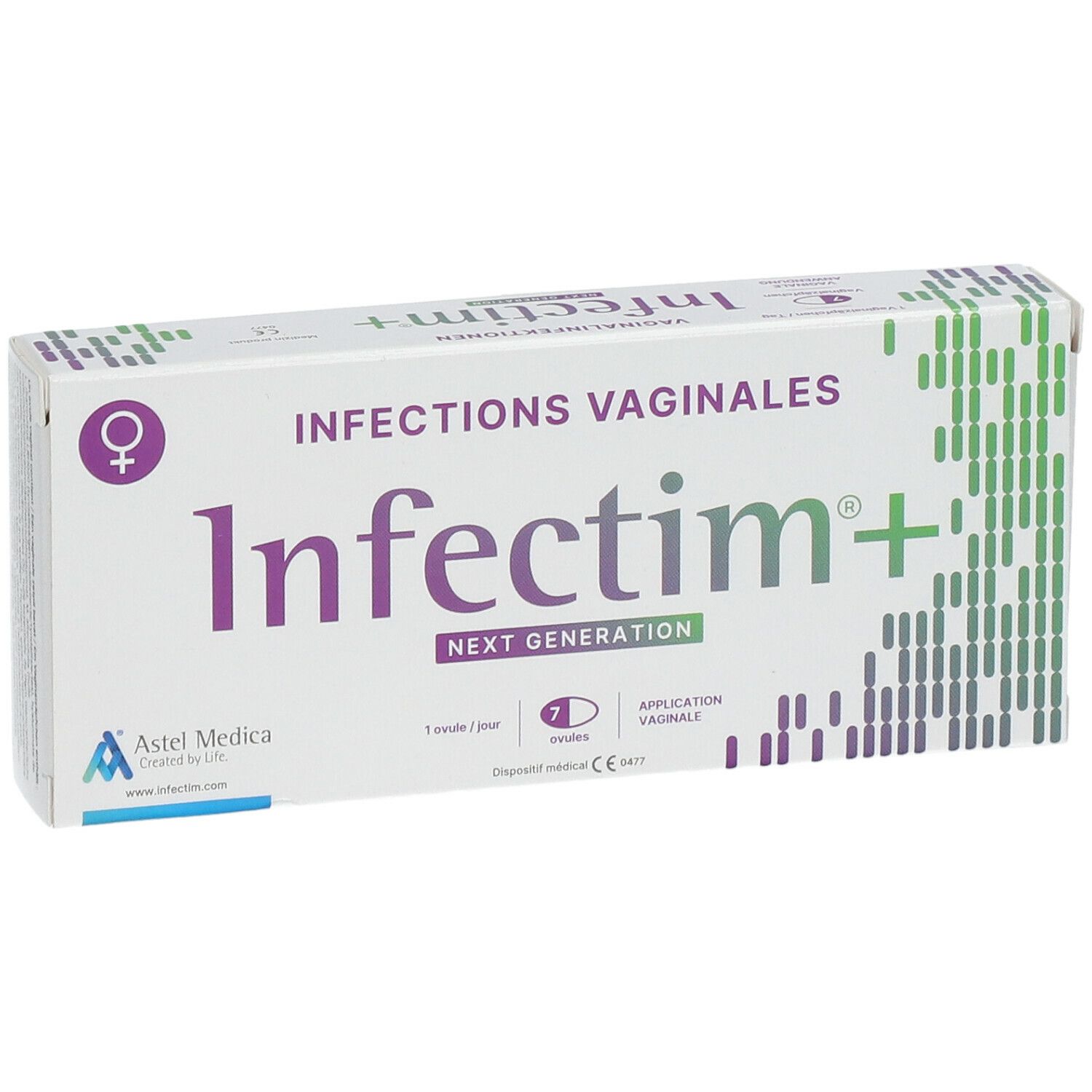 Boîte "Infectim+" pour infections vaginales. Contient 7 ovules. Logo Astel Medica.