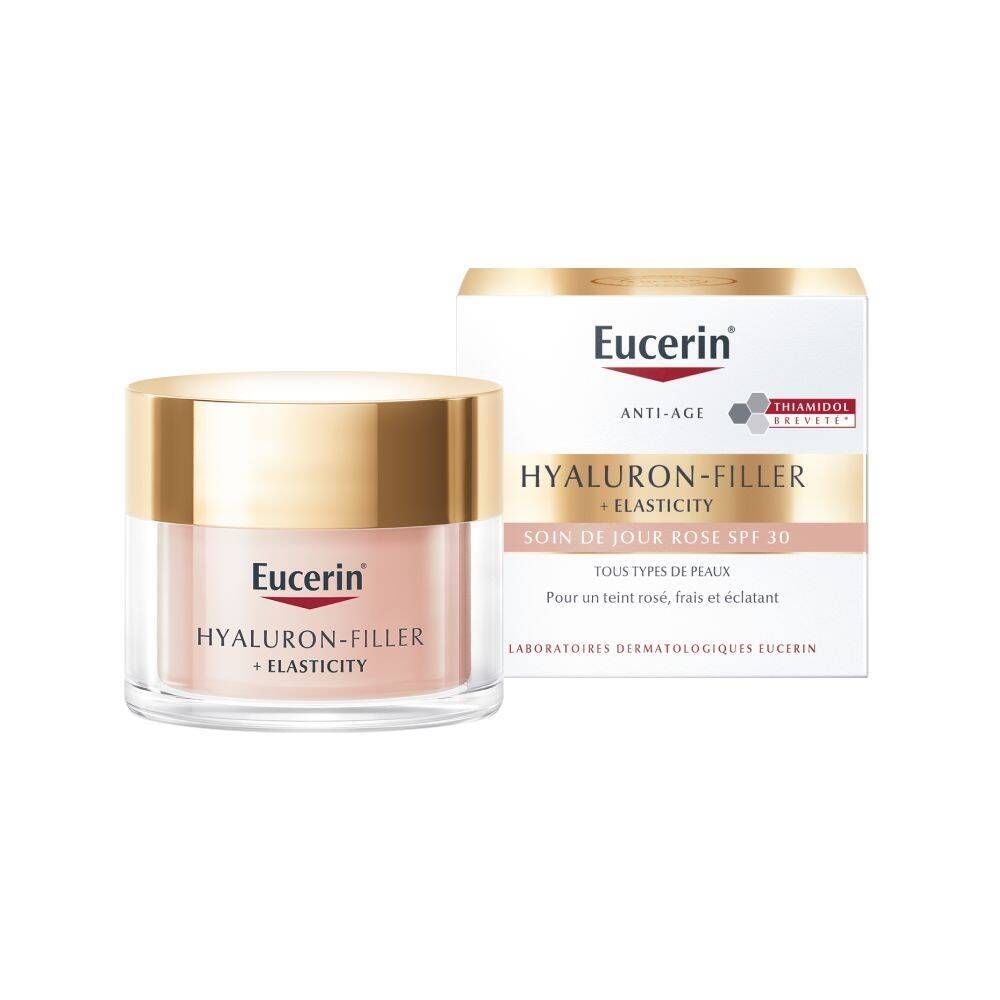 Eucerin Hyaluron-Filler + Elasticity Soin de Jour Rosé SPF 30. Pot et emballage. Couvercle doré, crème rose.