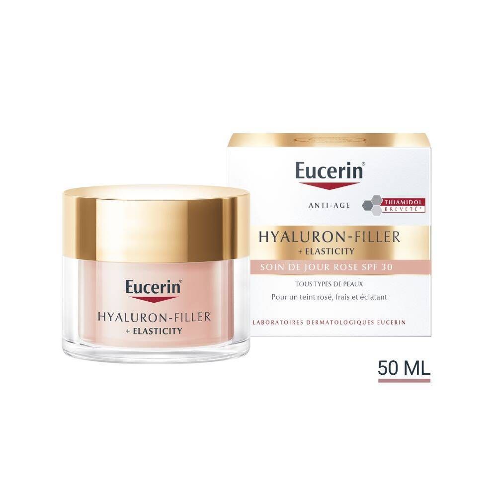 Eucerin Hyaluron-Filler + Elasticity Soin de Jour Rosé SPF 30. Pot et emballage. 50 ml.