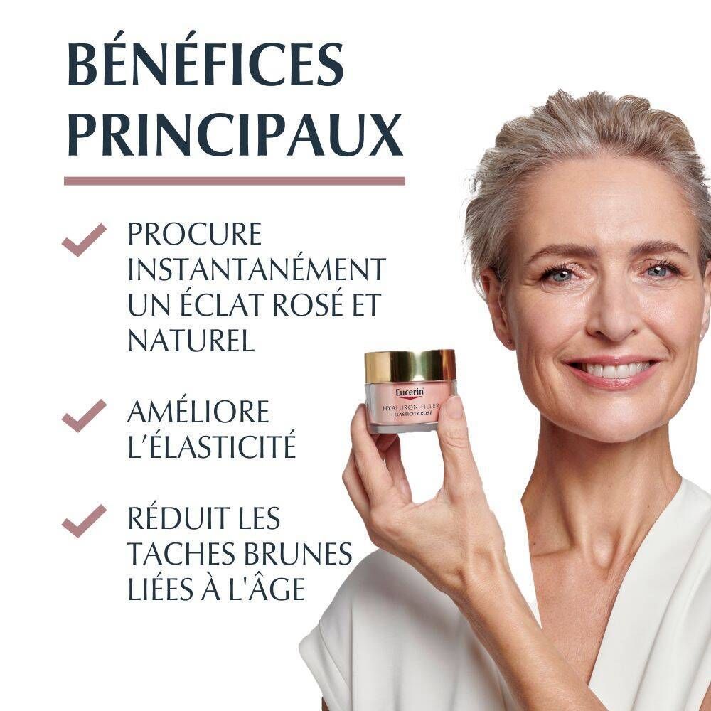 Femme tenant Eucerin Hyaluron-Filler + Elasticity. Produit, femme sourit. Texte: Bénéfices principaux.