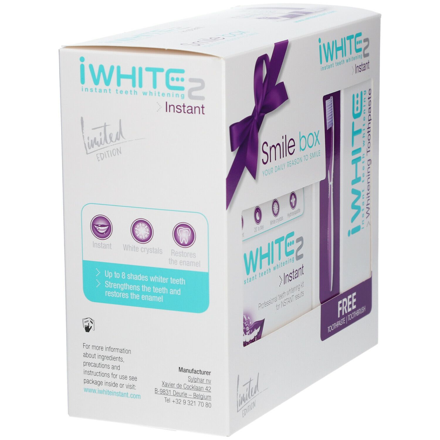 iWhite Instant 2 Smile Box, achterkant. Bevat informatie over ingrediënten en gebruik.