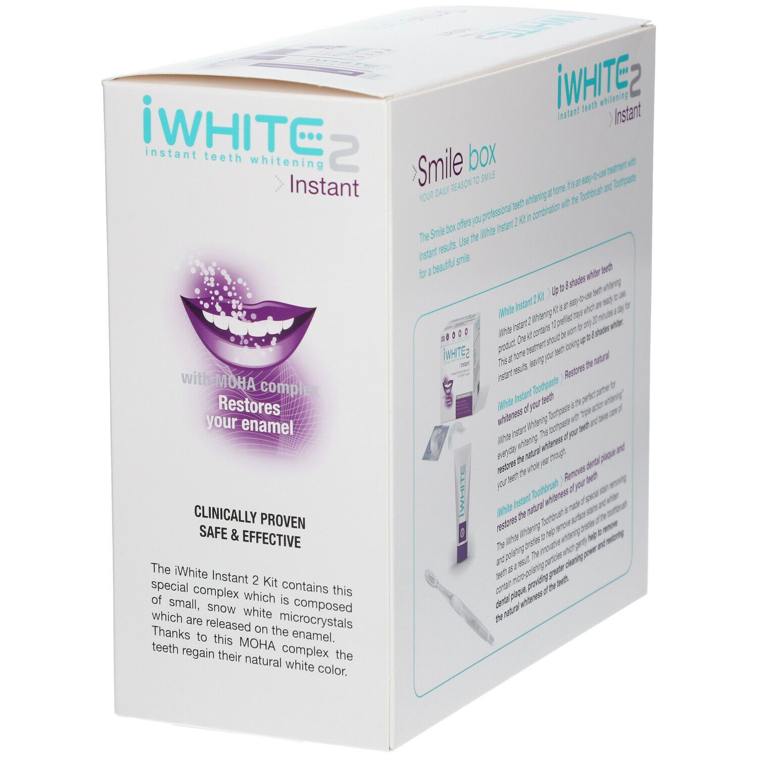 iWhite Instant 2 Smile Box. Verpakking met tekst en productafbeeldingen. Bevat gebruiksinformatie.