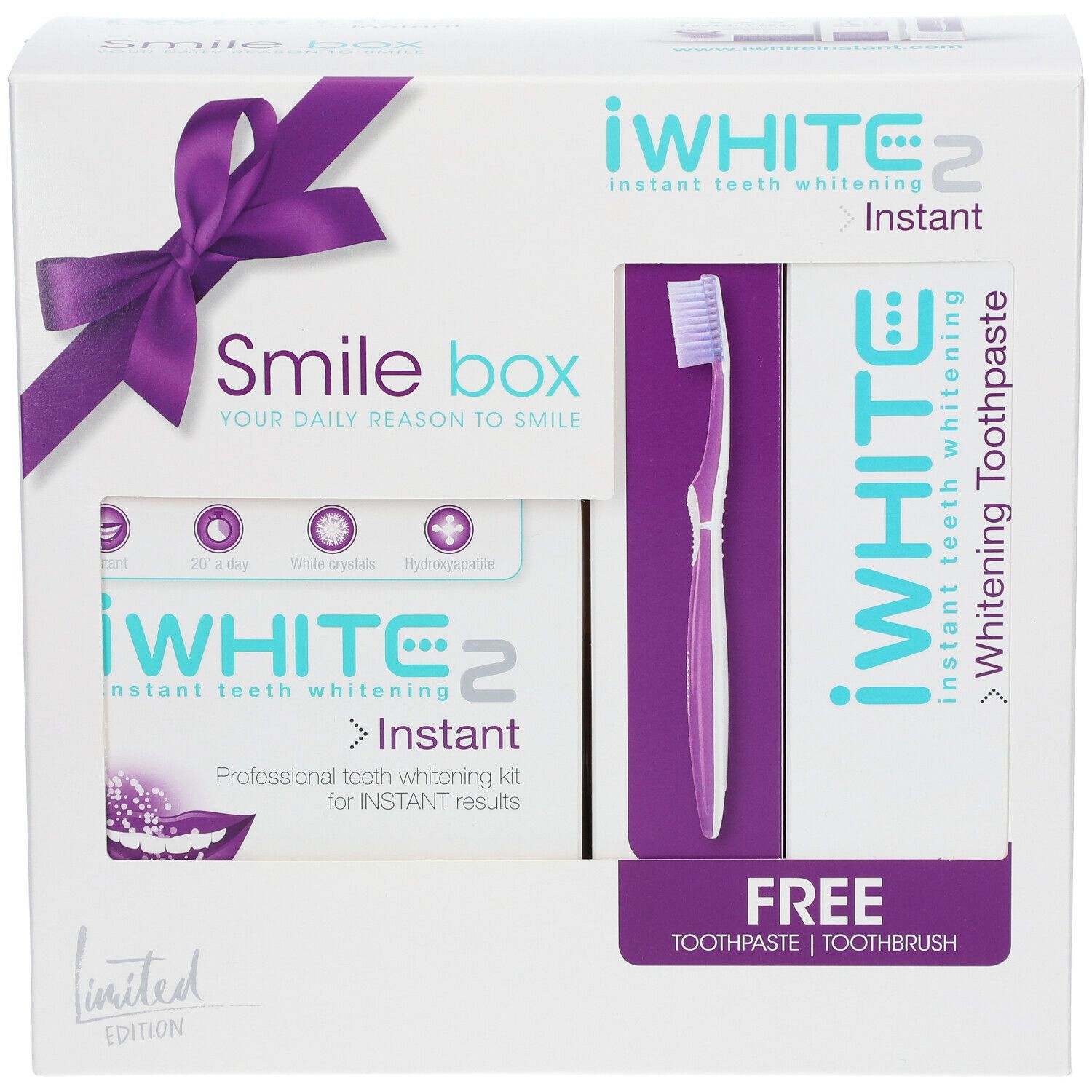 iWhite Instant 2 Smile Box. Witte doos met paarse strik. Bevat tandenborstel, tandpasta en whitening kit.
