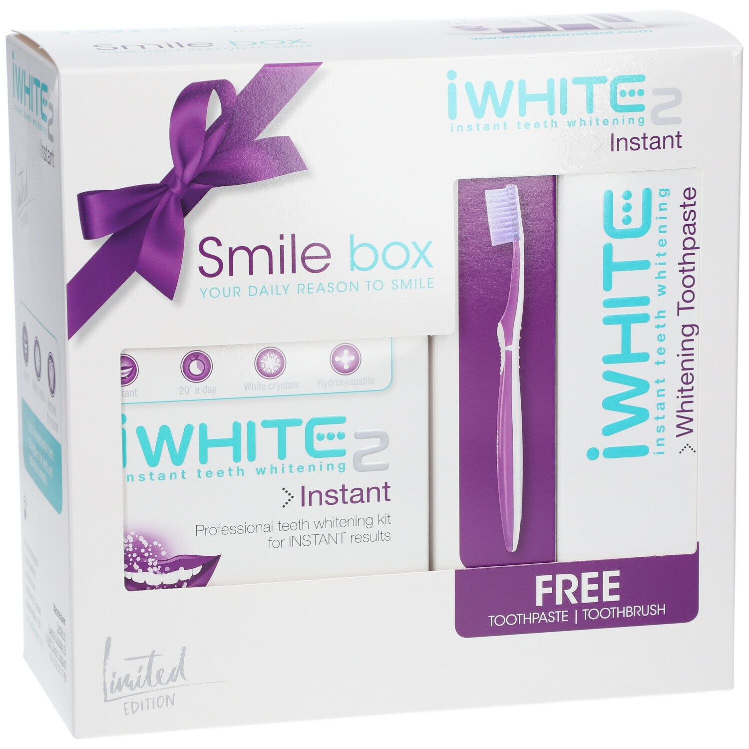 iWhite Instant 2 Smile Box. Witte doos met paarse strik. Bevat tandenborstel, tandpasta en whitening kit.
