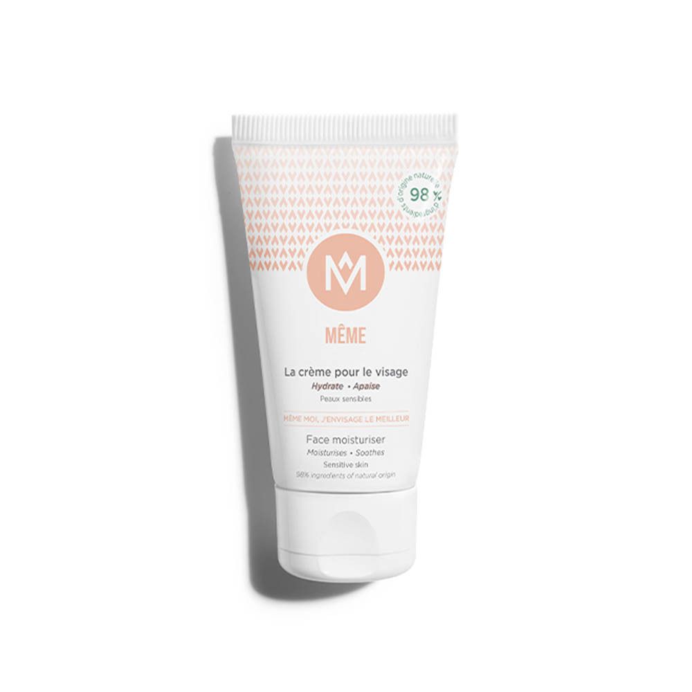 Tube de crème sur fond blanc. Inscription : MÊME, La crème pour le visage. 98% d'ingrédients d'origine naturelle.