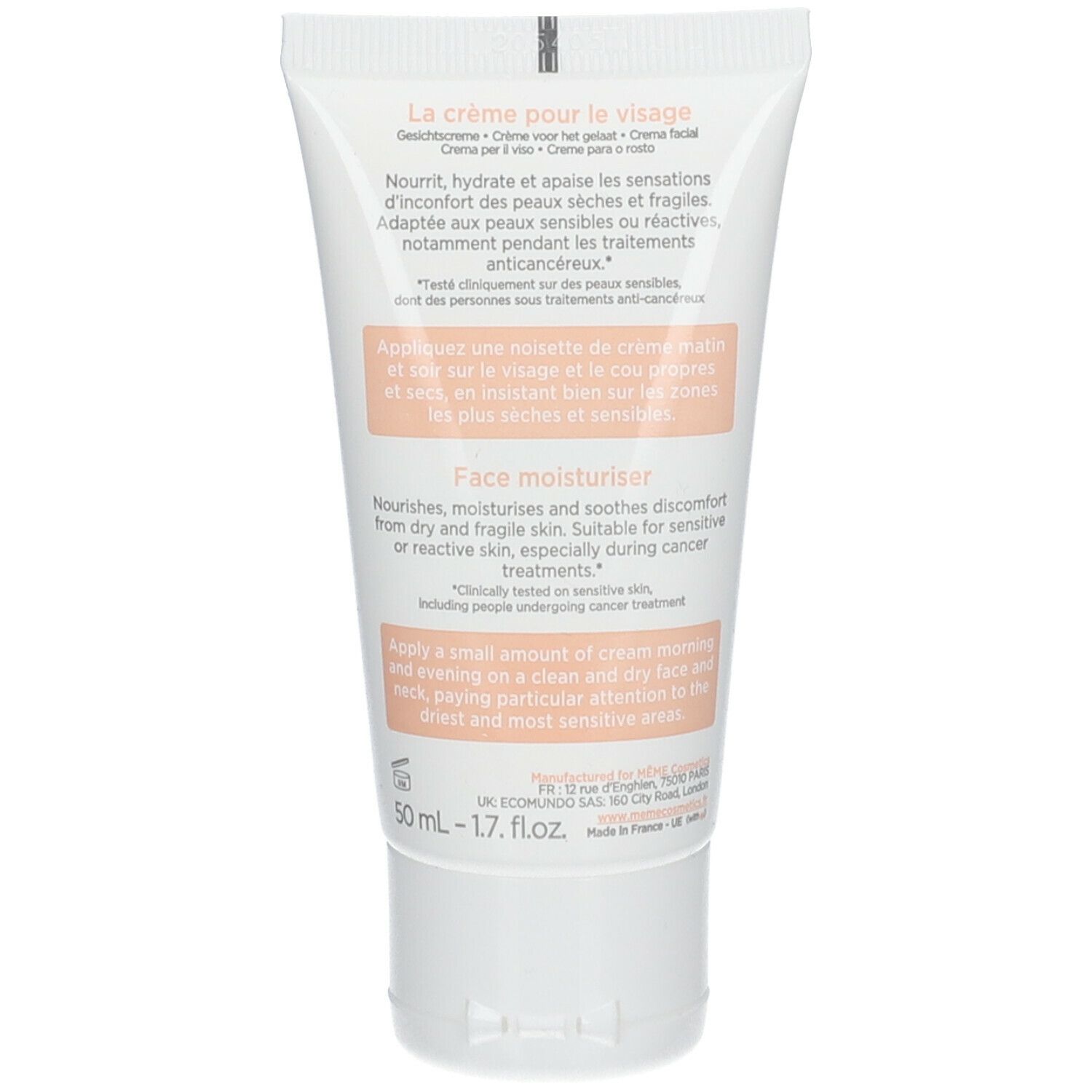 Rückseite der Creme-Tube. Text in Deutsch, Französisch, Italienisch und Niederländisch. Enthält Informationen zur Anwendung.