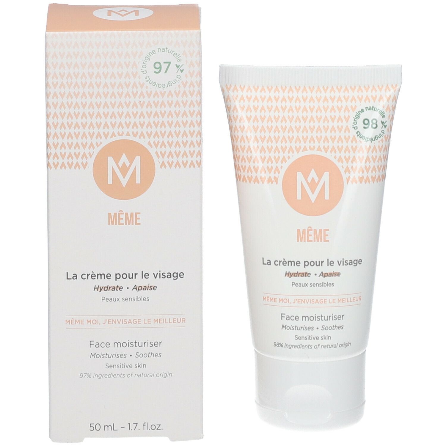 Creme-Tube und Schachtel nebeneinander. Aufschrift: MÊME, La crème pour le visage. 97% Inhaltsstoffe natürlichen Ursprungs.