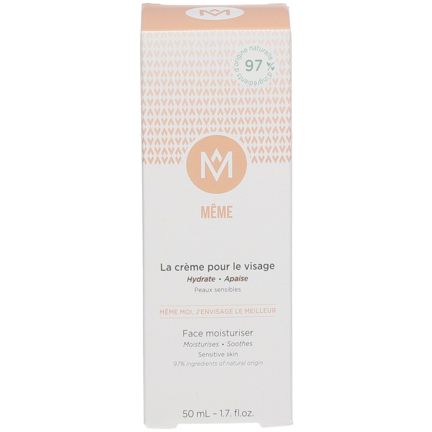 Schachtel mit Creme. Aufschrift: MÊME, La crème pour le visage. 97% Inhaltsstoffe natürlichen Ursprungs.