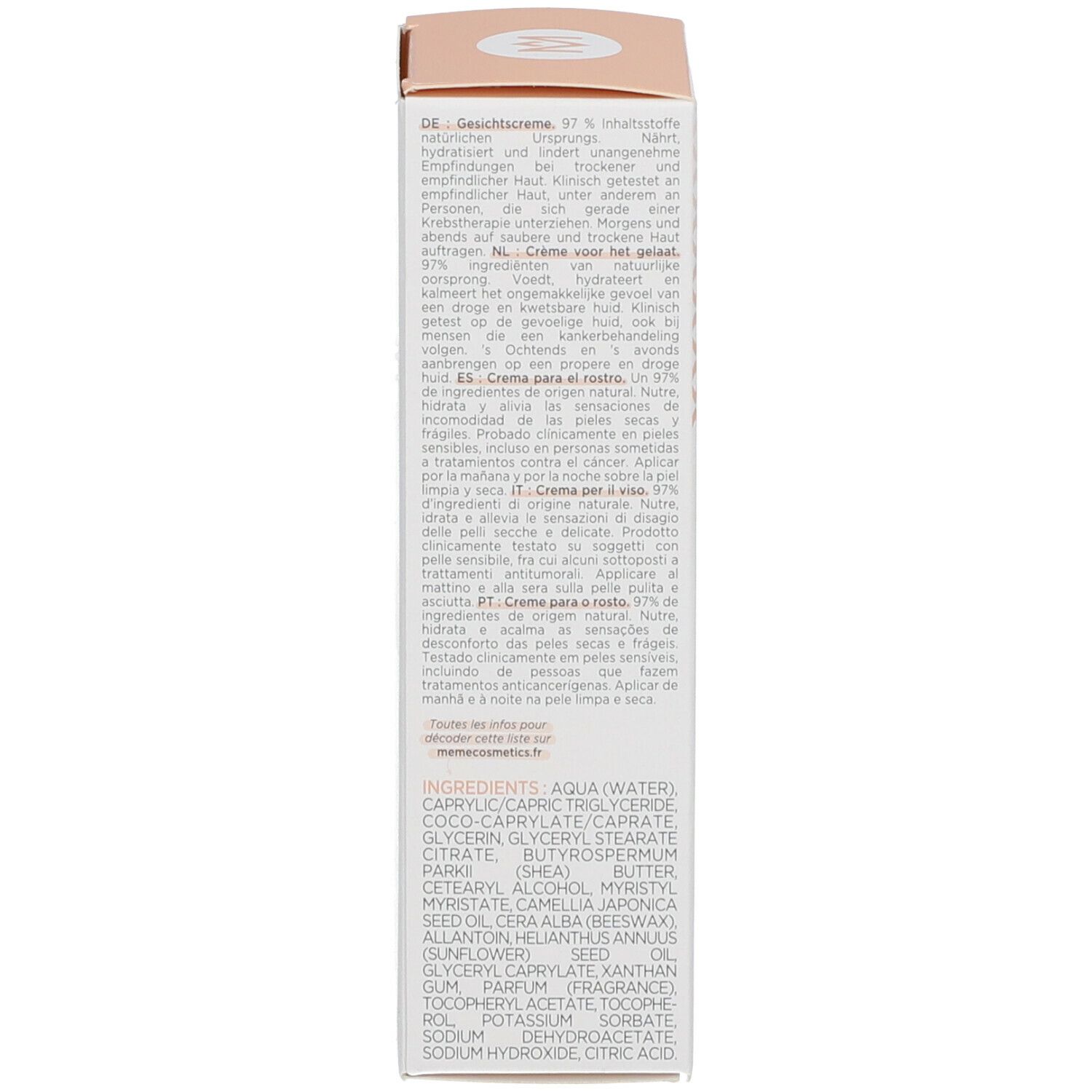 Rückseite der Creme-Schachtel. Text in Deutsch, Französisch, Italienisch und Niederländisch. Enthält Informationen zur Anwendung.