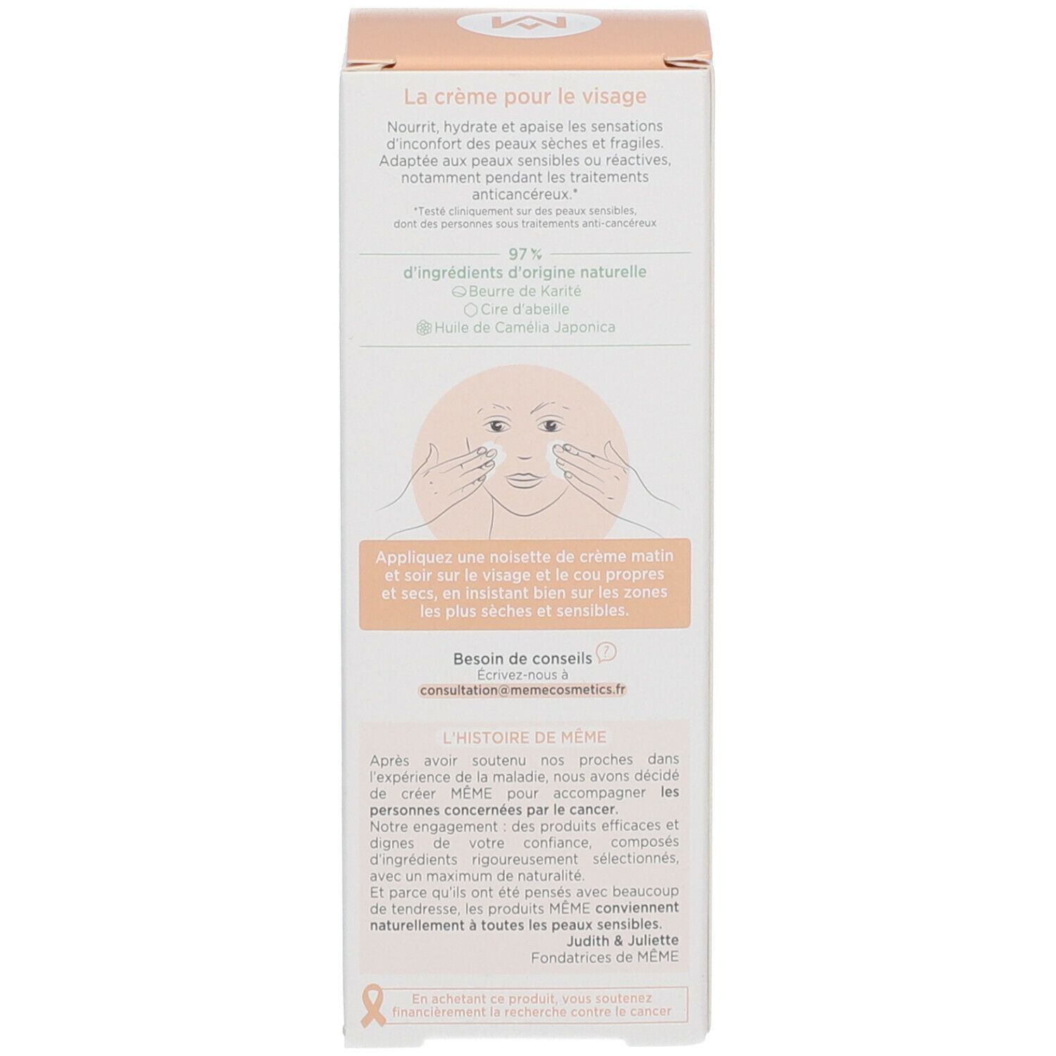 Rückseite der Creme-Schachtel. Enthält Informationen über die Inhaltsstoffe und die Anwendung der Creme.
