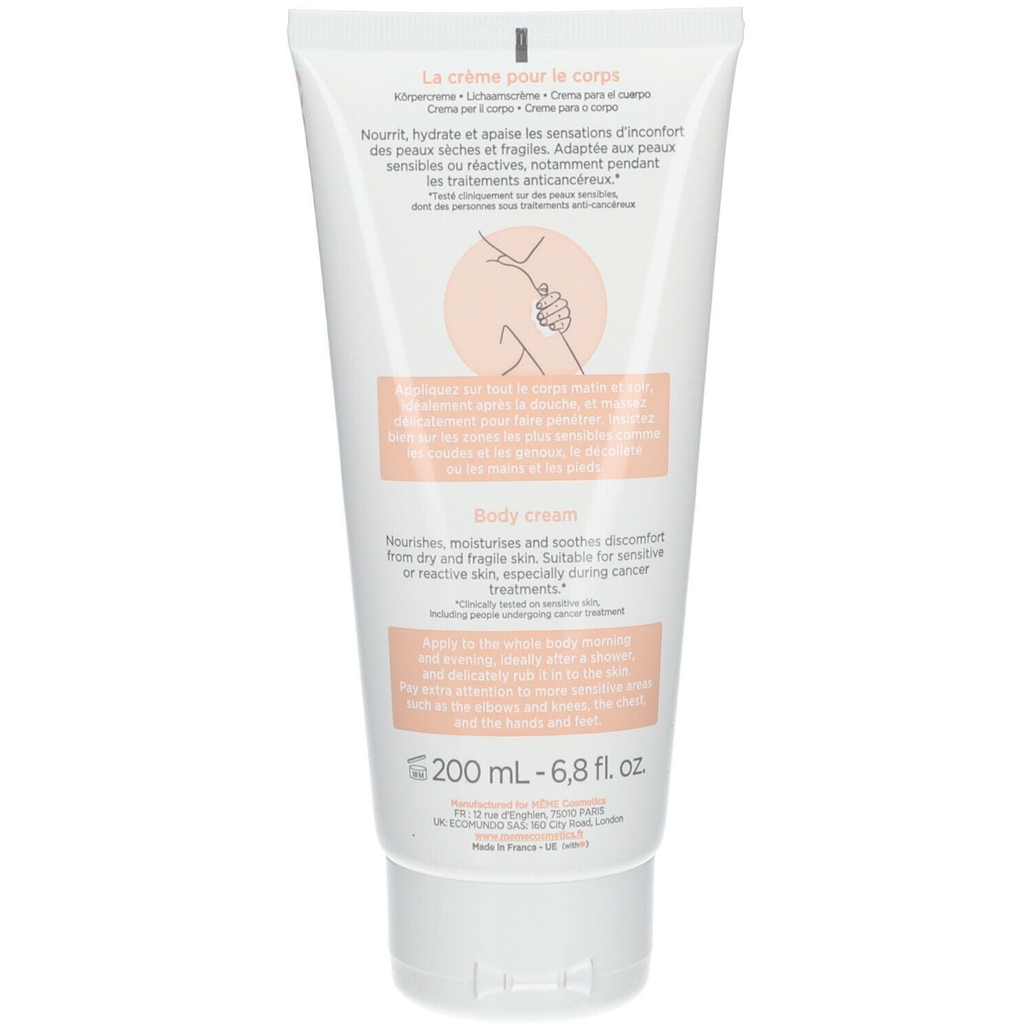 Rückseite der Tube. Text in mehreren Sprachen. Illustration einer Hand, die sich auf einen Arm aufträgt. 200 ml.