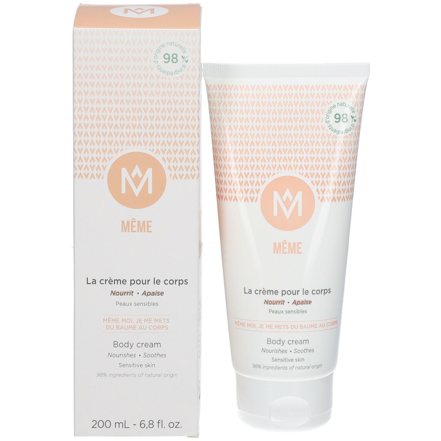 Tube und Schachtel nebeneinander. Aufschrift: MÊME, La crème pour le corps. 98% Inhaltsstoffe natürlichen Ursprungs. 200 ml.