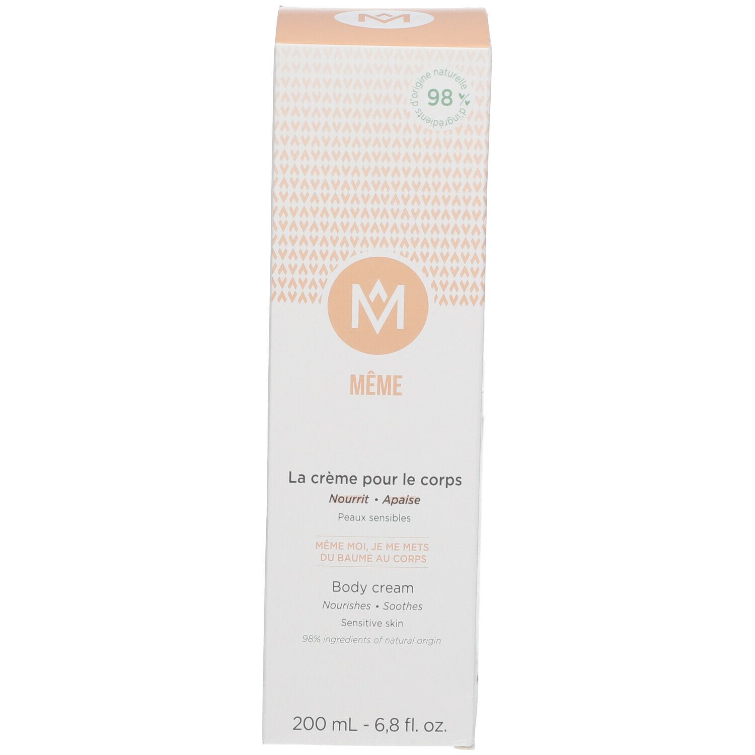 Schachtel mit Aufschrift: MÊME, La crème pour le corps. 98% Inhaltsstoffe natürlichen Ursprungs. 200 ml.