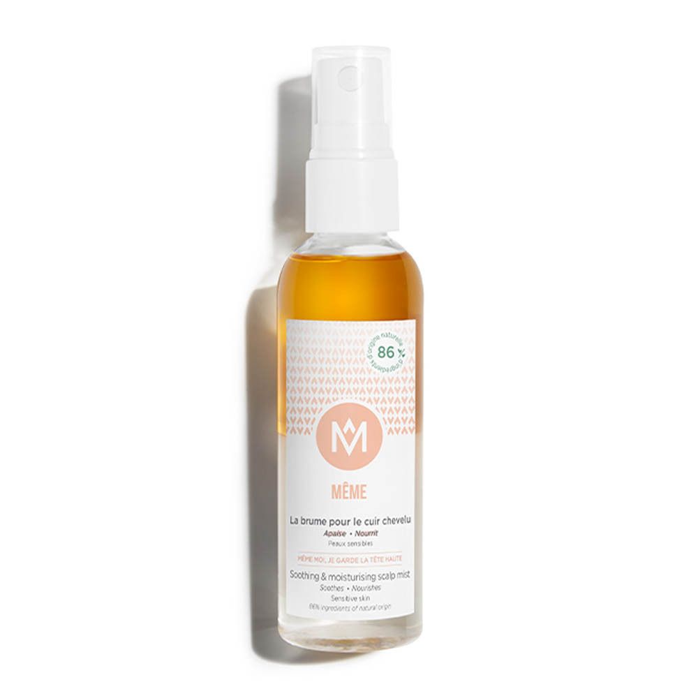 Flacon spray transparent, bouchon blanc. Étiquette avec texte et logo. Liquide ambré.