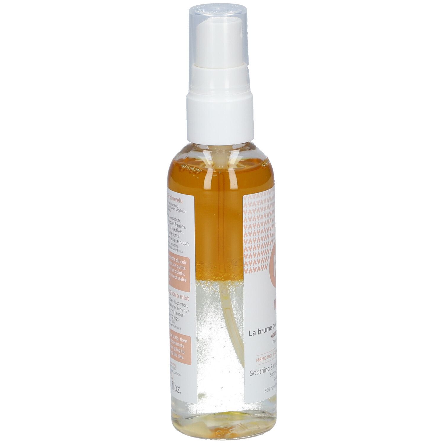Flacon spray transparent, bouchon blanc. Étiquette avec texte et logo. Liquide ambré.