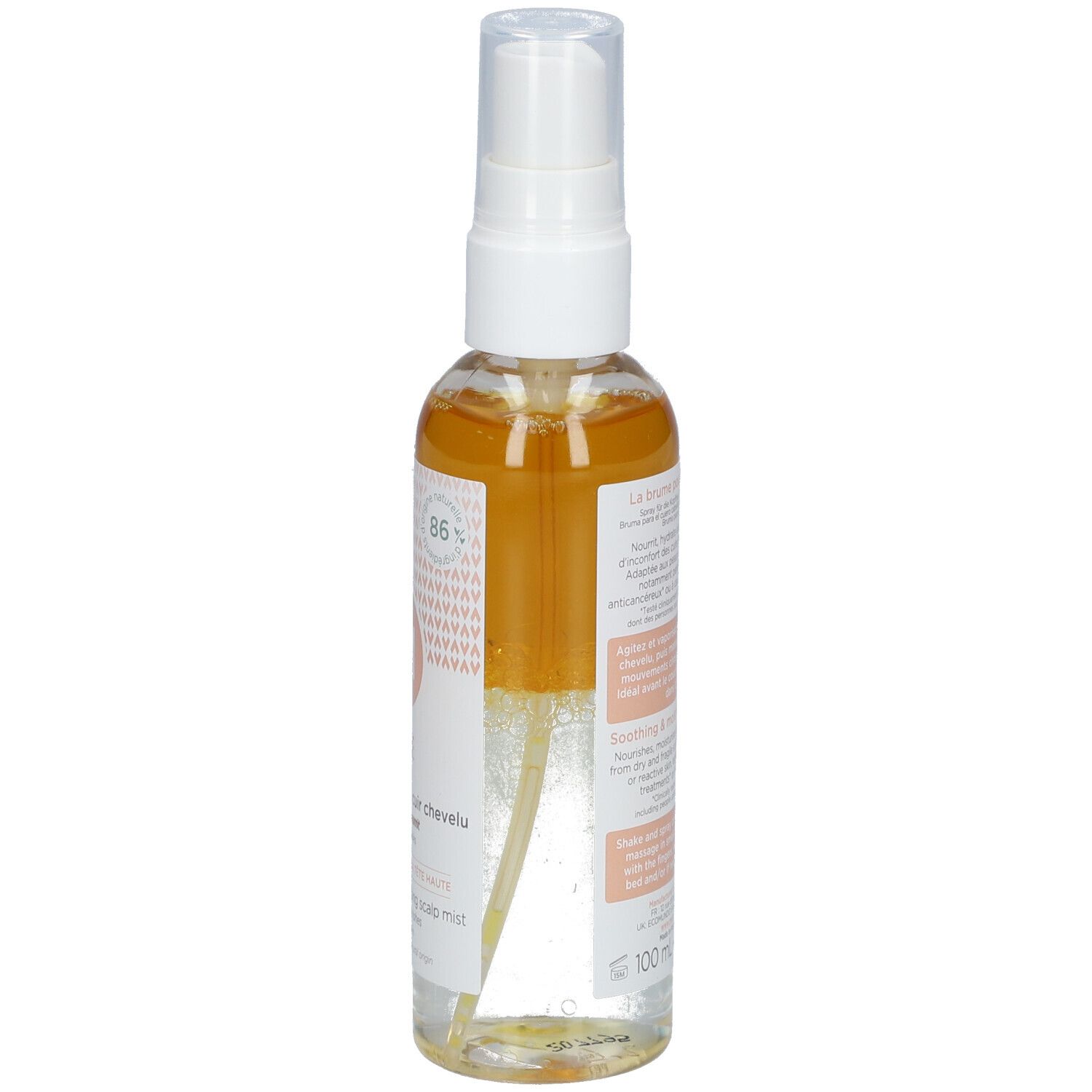 Flacon spray transparent, bouchon blanc. Étiquette avec texte et logo. Liquide ambré.