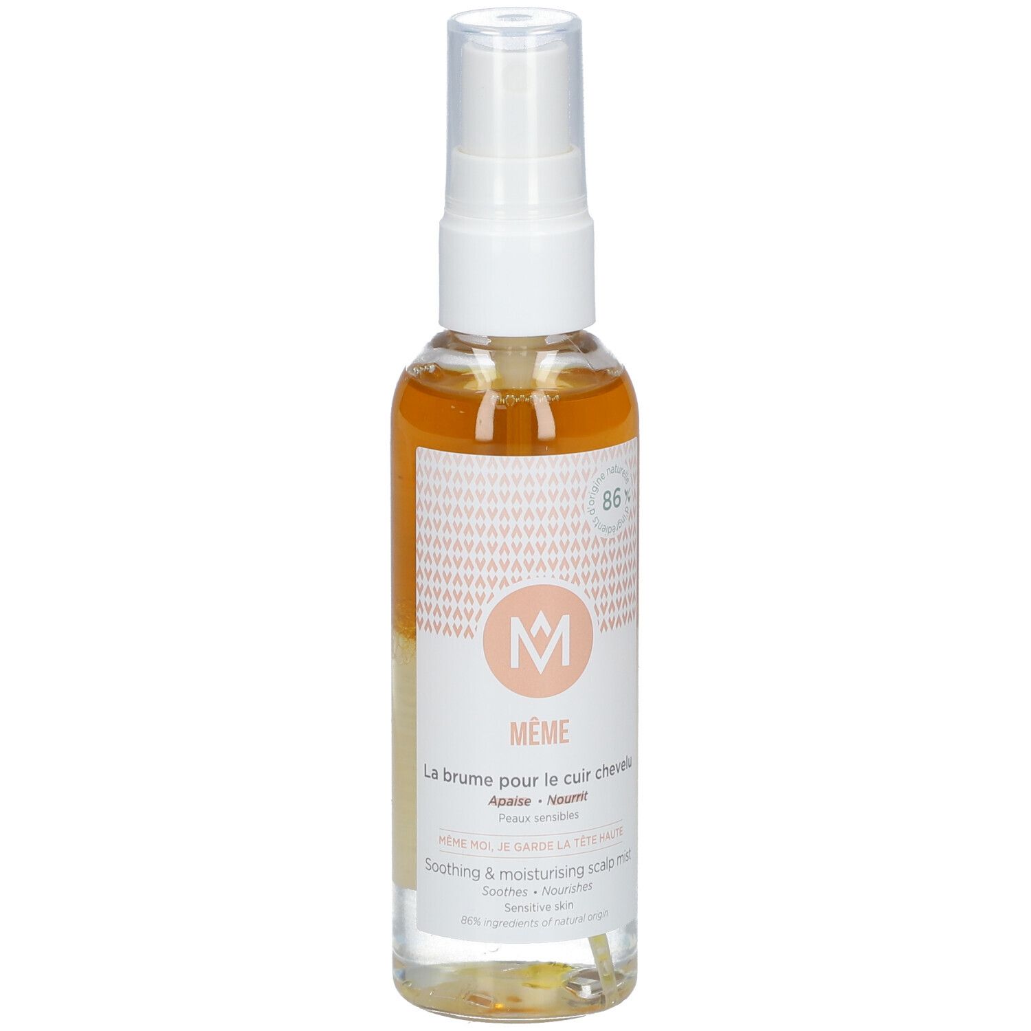Flacon spray transparent, bouchon blanc. Étiquette avec texte et logo. Liquide ambré.