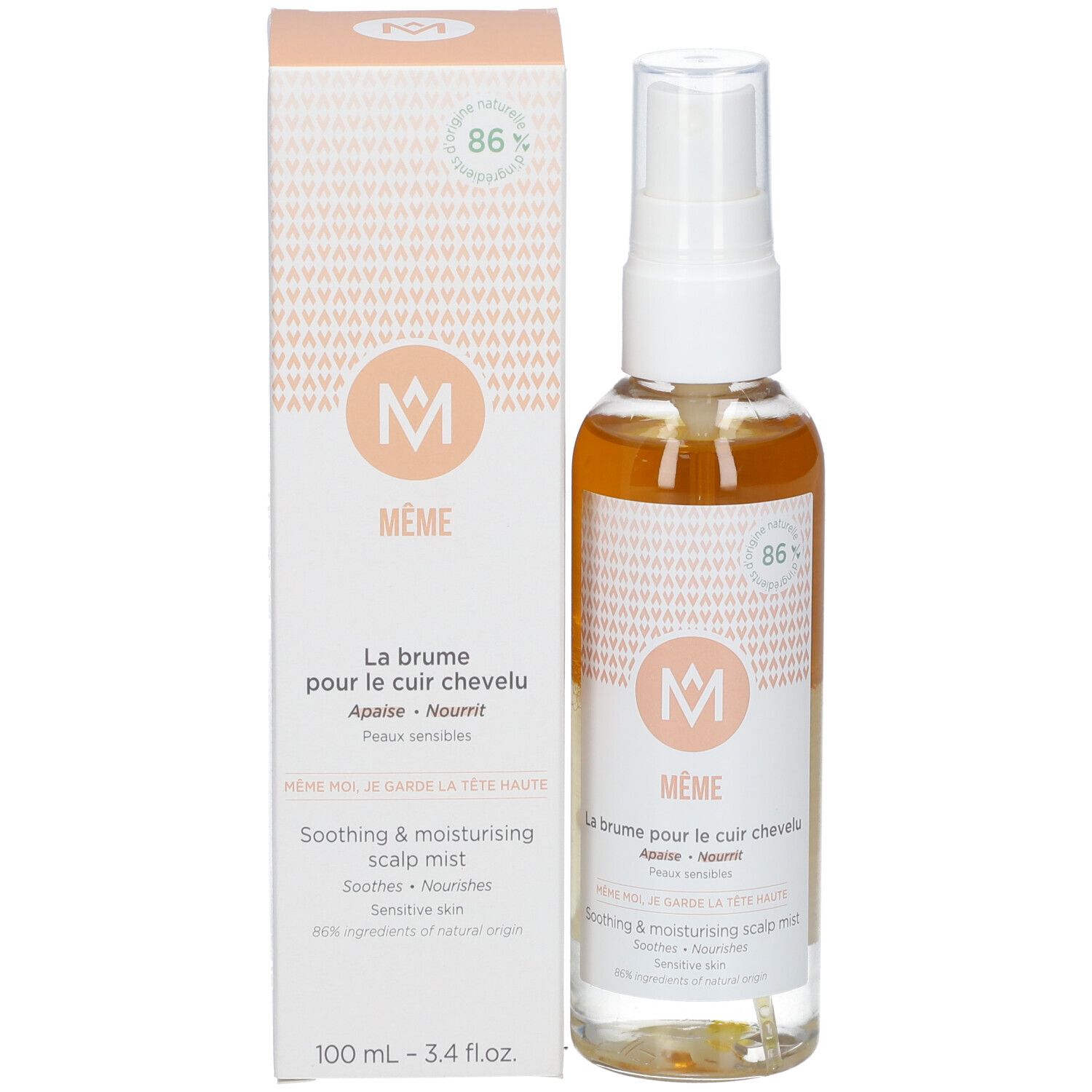 Emballage produit avec flacon spray et carton. Flacon avec bouchon blanc. Carton avec texte et logo.