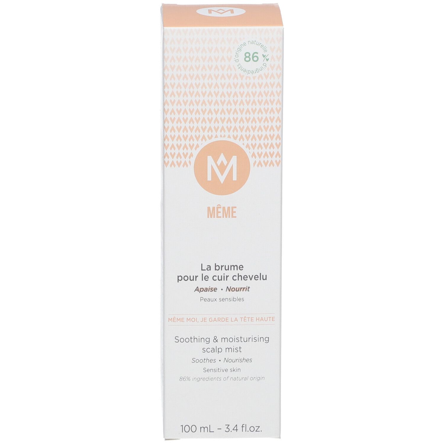 Emballage produit, carton. Texte et logo sur le devant. Palette de couleurs blanc-rose.