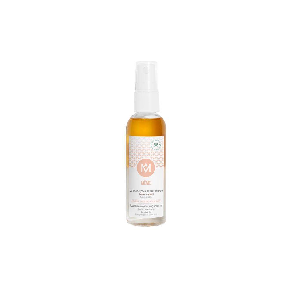 Flacon spray transparent, bouchon blanc. Étiquette avec texte et logo. Liquide ambré.