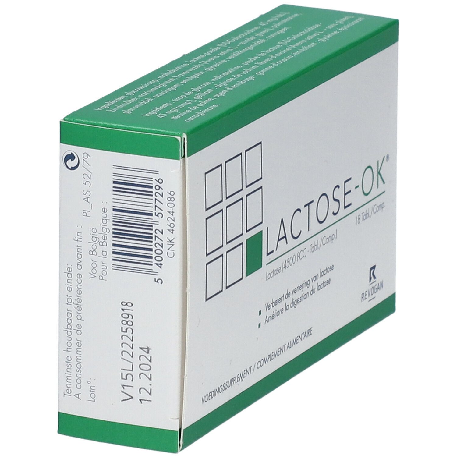 Doos "LACTOSE-OK". Zijaanzicht. Groen-witte verpakking. Tekst en barcode.