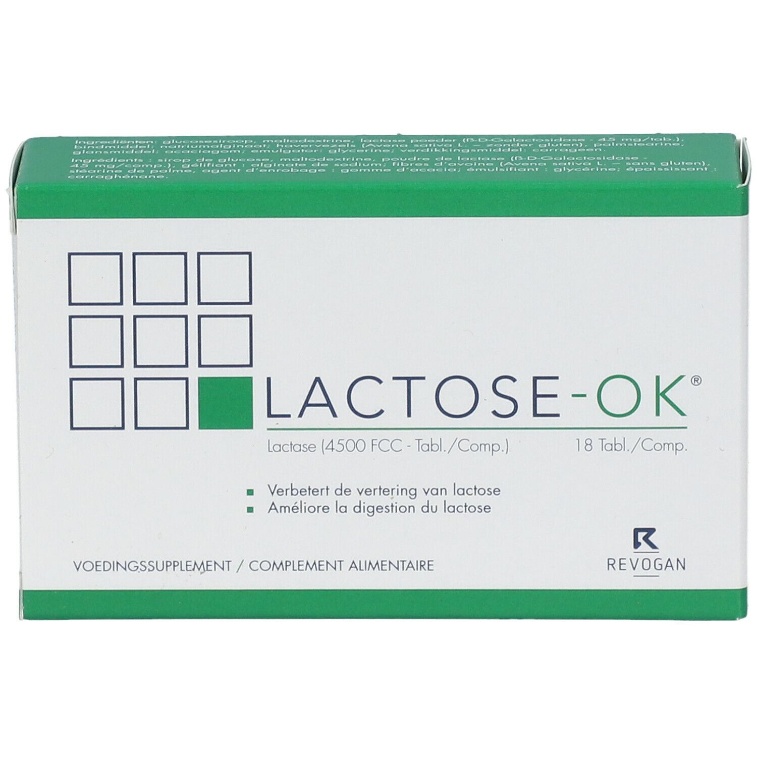 Doos "LACTOSE-OK". Groen-witte verpakking. 18 tabletten. "REVOGAN" logo.