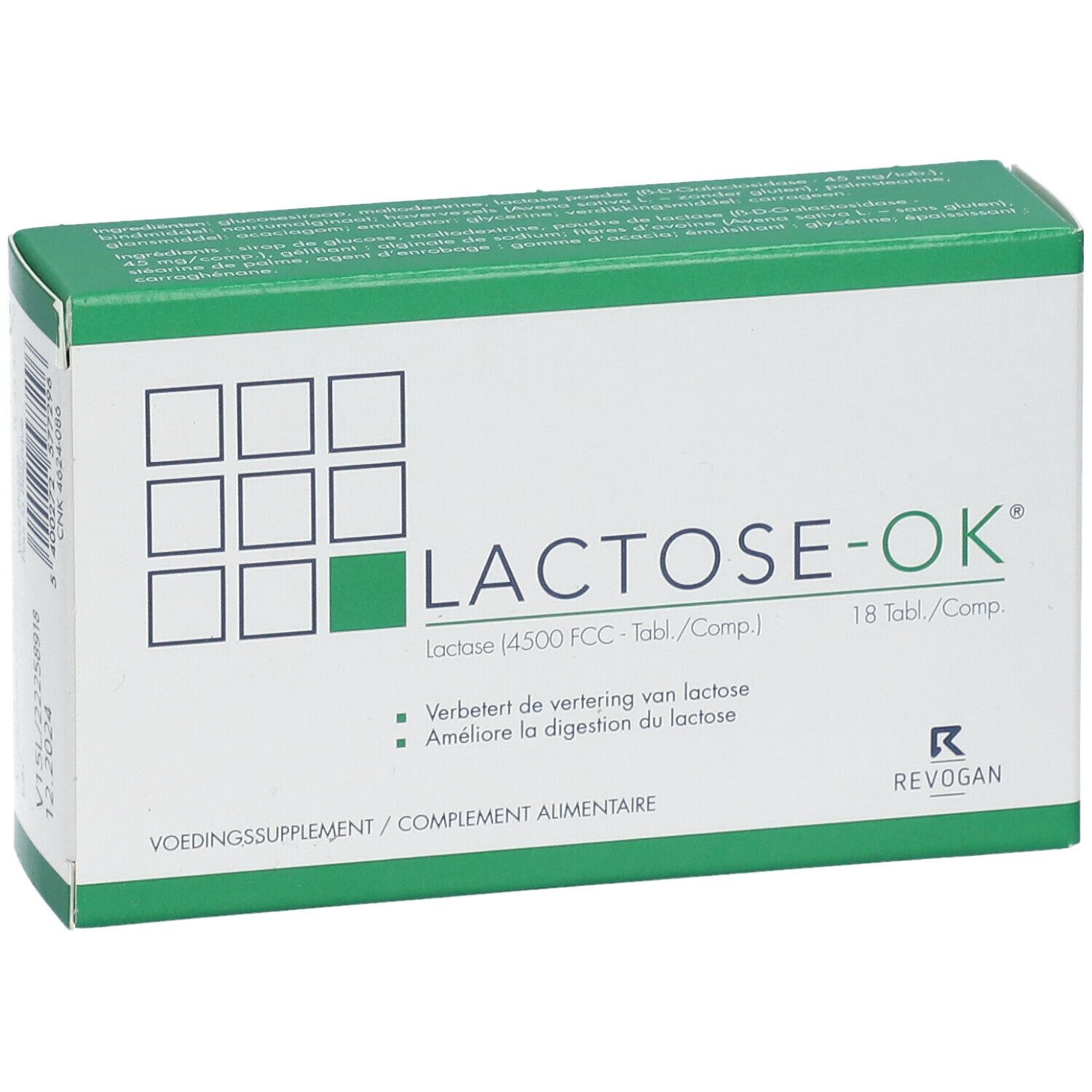 Doos "LACTOSE-OK". Groen-witte verpakking. 18 tabletten. "REVOGAN" logo.