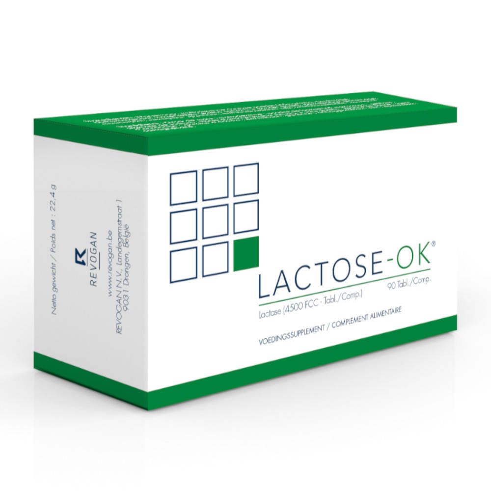 Witte doos met groen deksel. Opschrift: Lactose-OK, 90 tabletten. Logo en adres van REVOGAN.