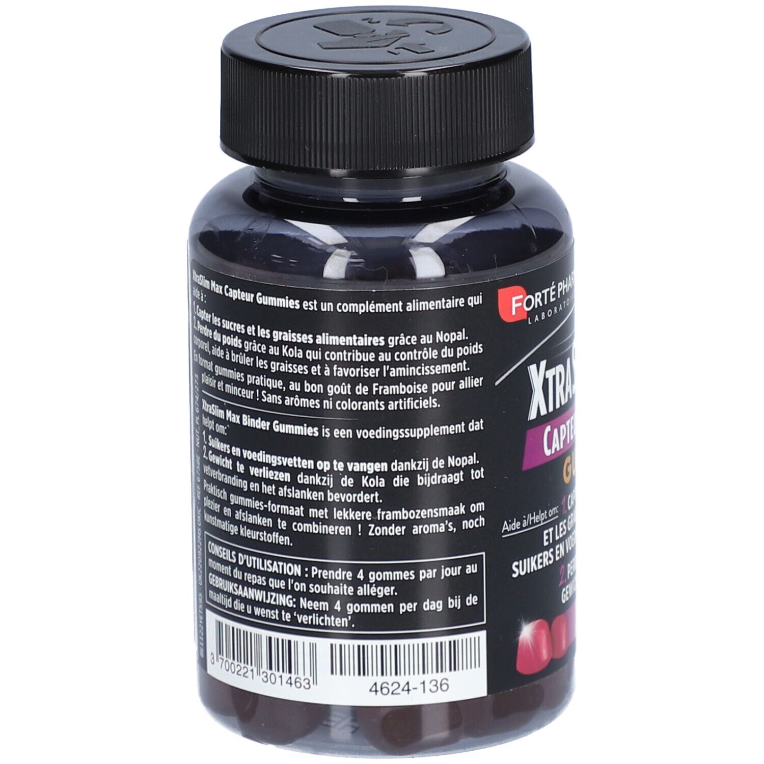 Rückseite der XtraSlim Max Gummibärchen-Dose. Schwarzer Deckel, Text in mehreren Sprachen. 60 Gummis, Himbeergeschmack.