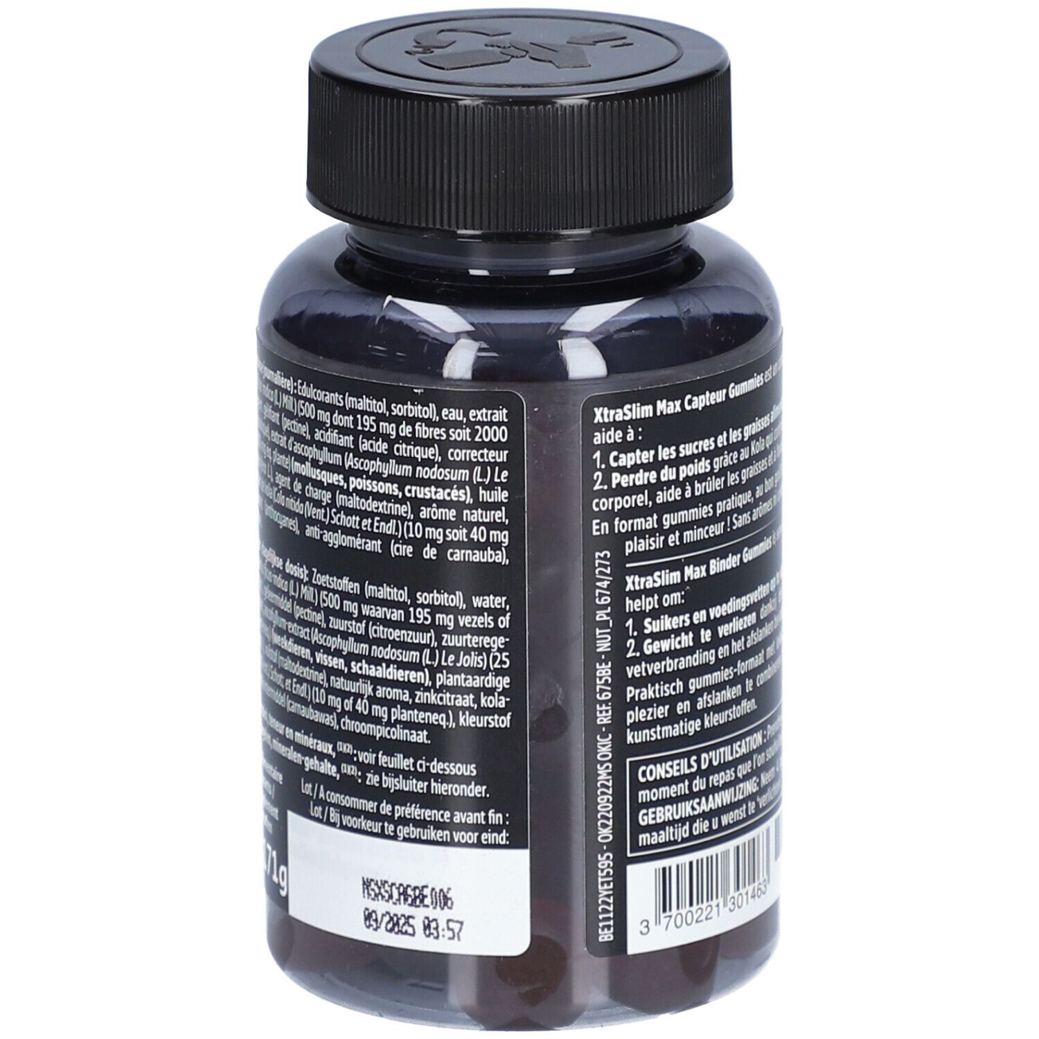Rückseite der XtraSlim Max Gummibärchen-Dose. Schwarzer Deckel, Text in mehreren Sprachen. Zutatenliste.