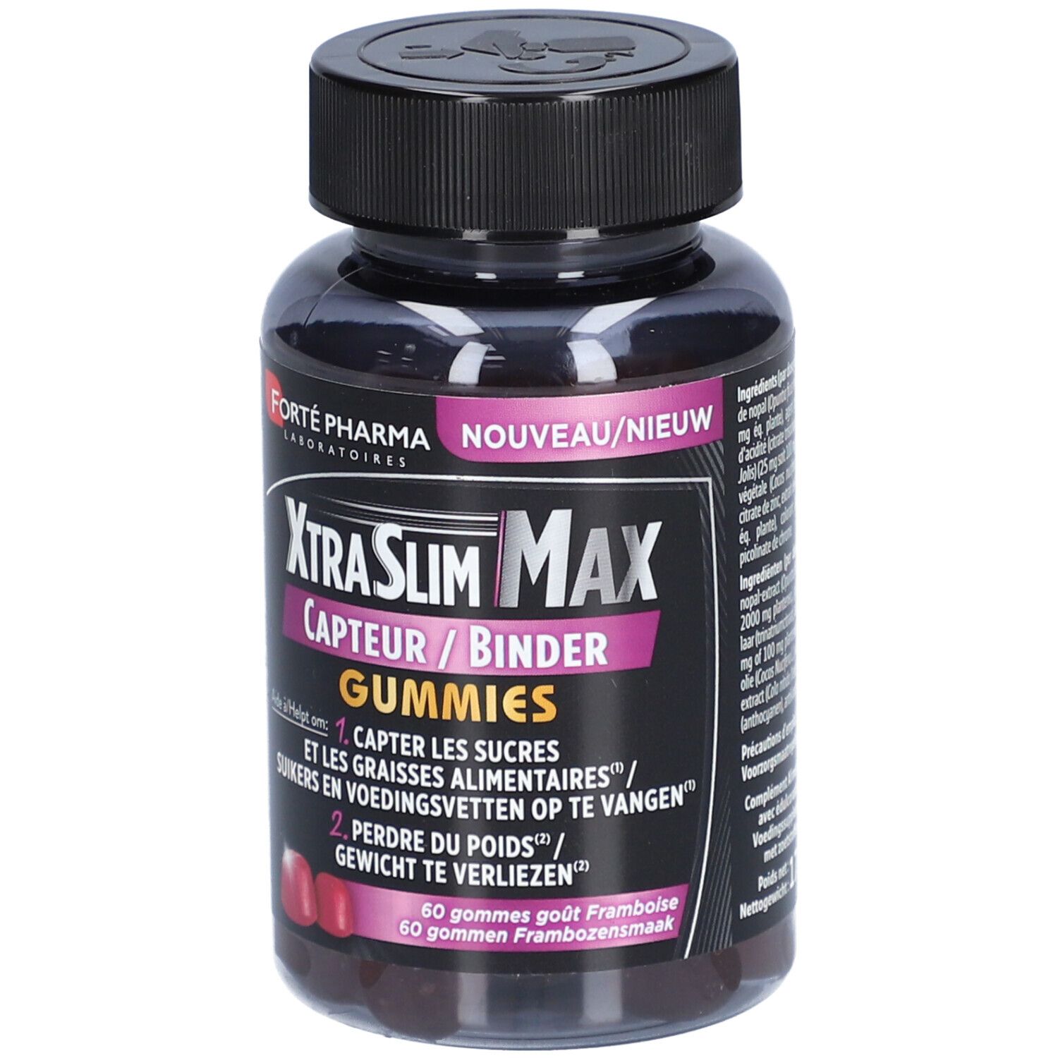 XtraSlim Max Gummibärchen-Dose. Schwarzer Deckel, violette und weiße Schrift. 60 Gummis, Himbeergeschmack.