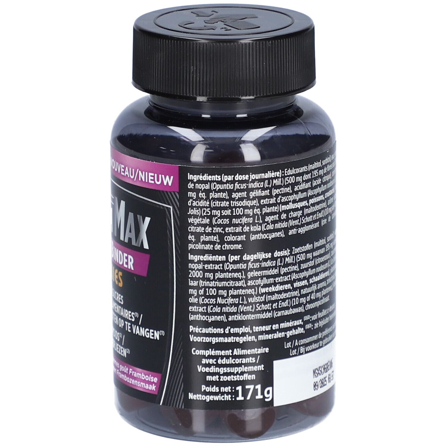 Rückseite der XtraSlim Max Gummibärchen-Dose. Schwarzer Deckel, Text in mehreren Sprachen. Zutatenliste und Nettogewicht.