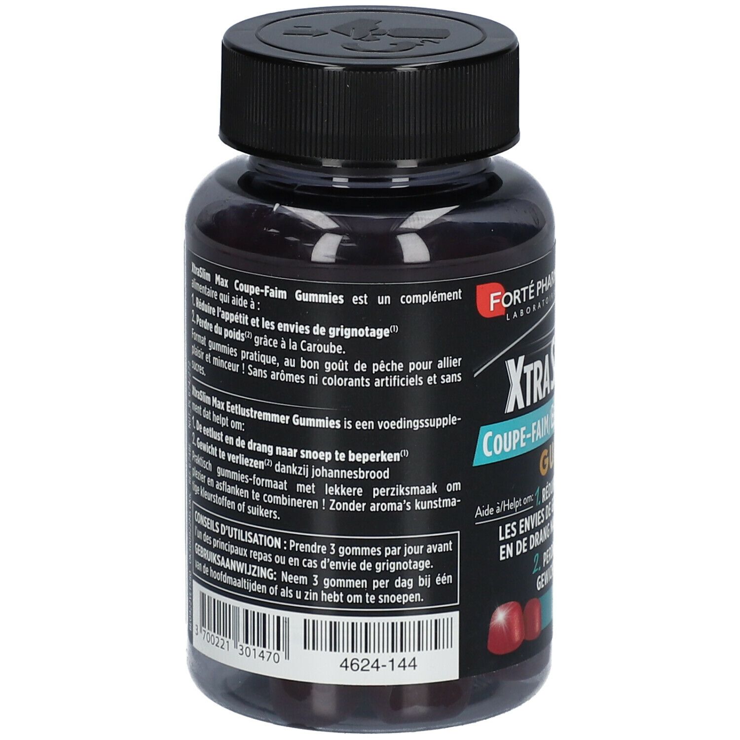 Dos du flacon. Texte: XtraSlim MAX Gummies. Informations d'utilisation et ingrédients. Marque: FORTE PHARMA.