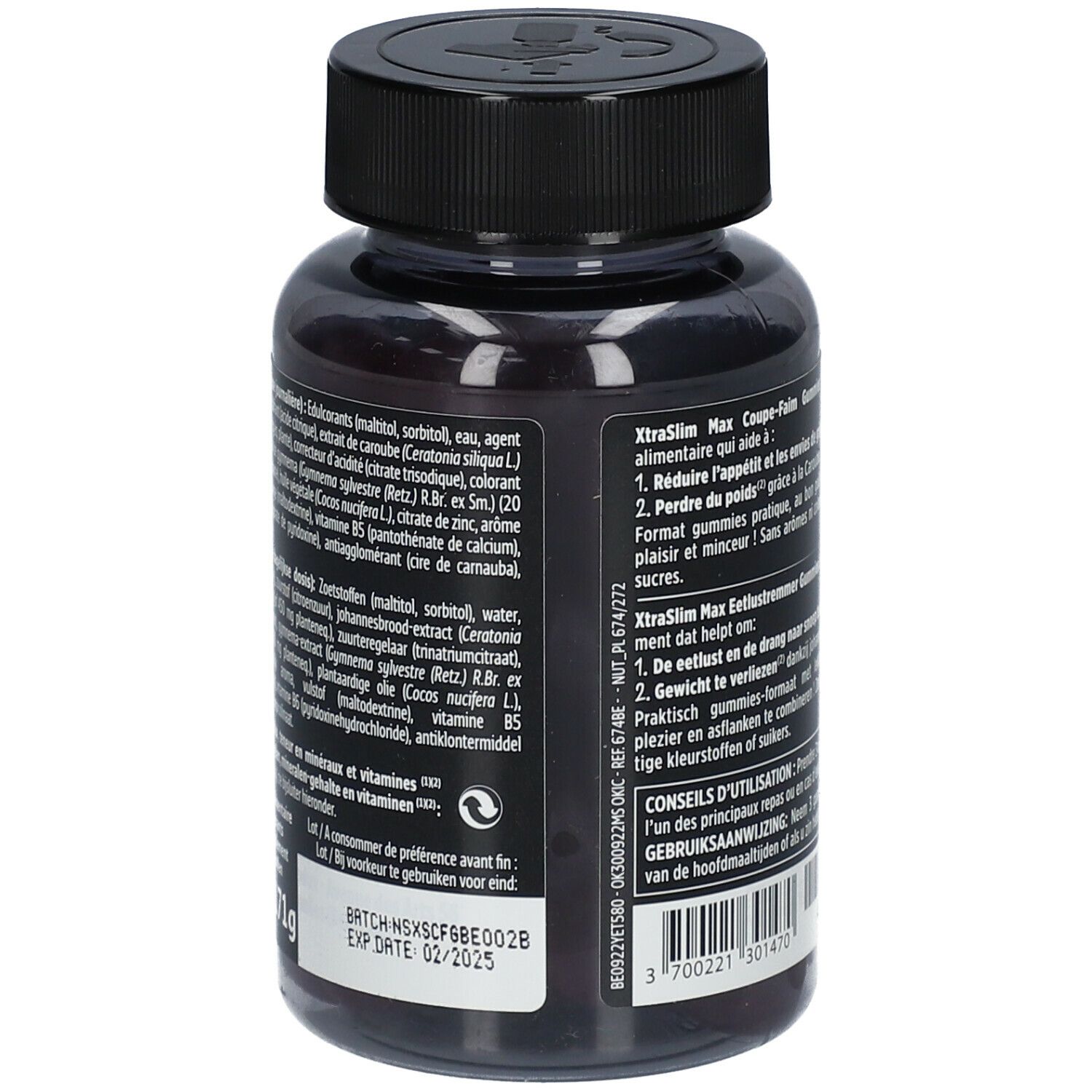 Dos du flacon. Texte: XtraSlim MAX Gummies. Ingrédients, date de péremption. Marque: FORTE PHARMA.
