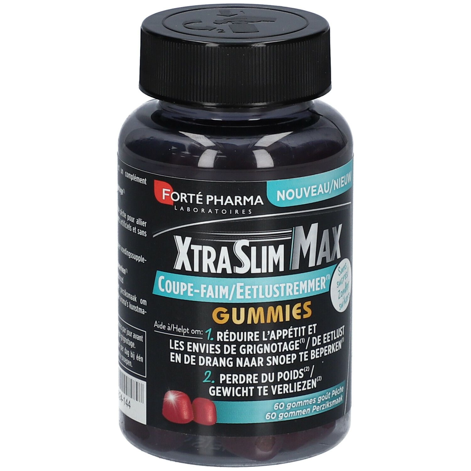 Flacon noir avec bouchon noir. Inscription: XtraSlim MAX Gummies. 60 gommes. Marque: FORTE PHARMA.
