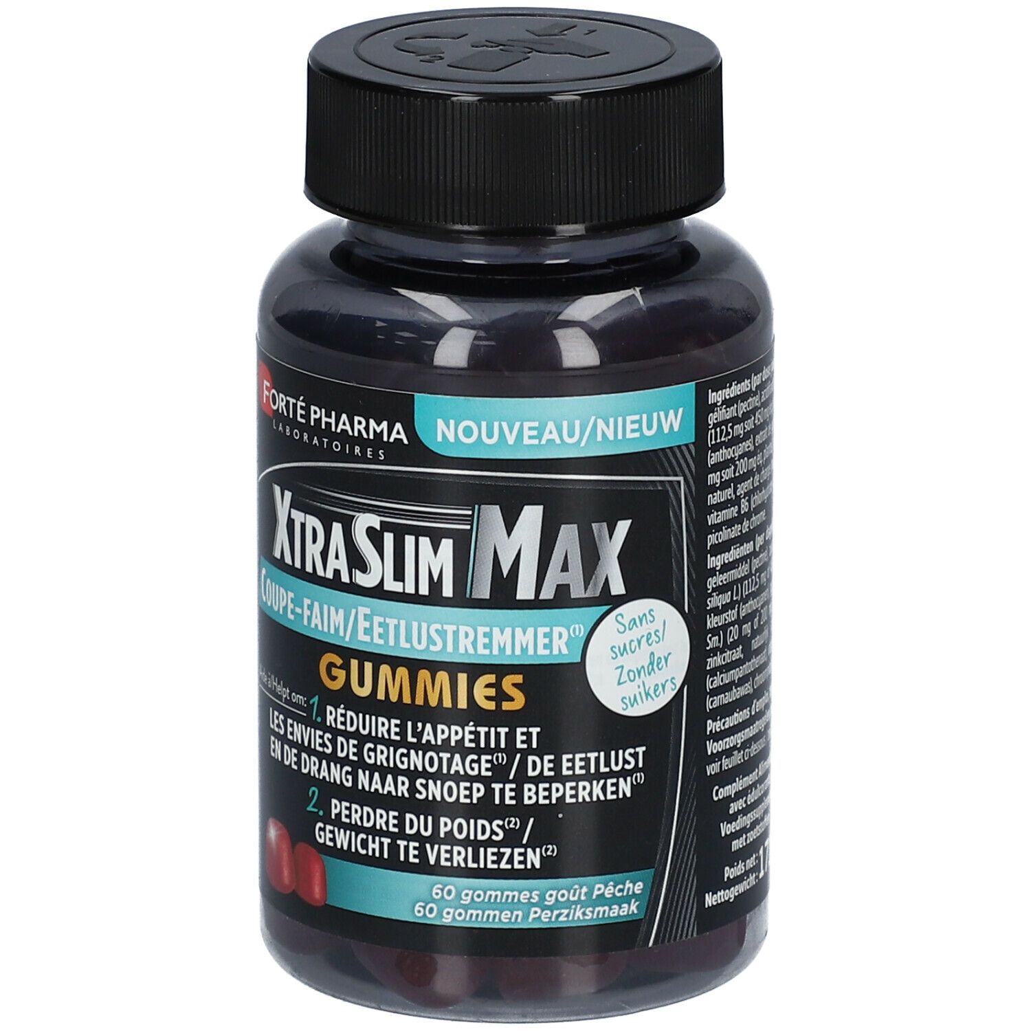 Flacon noir avec bouchon noir. Inscription: XtraSlim MAX Gummies. Sans sucre. 60 gommes. Marque: FORTE PHARMA.