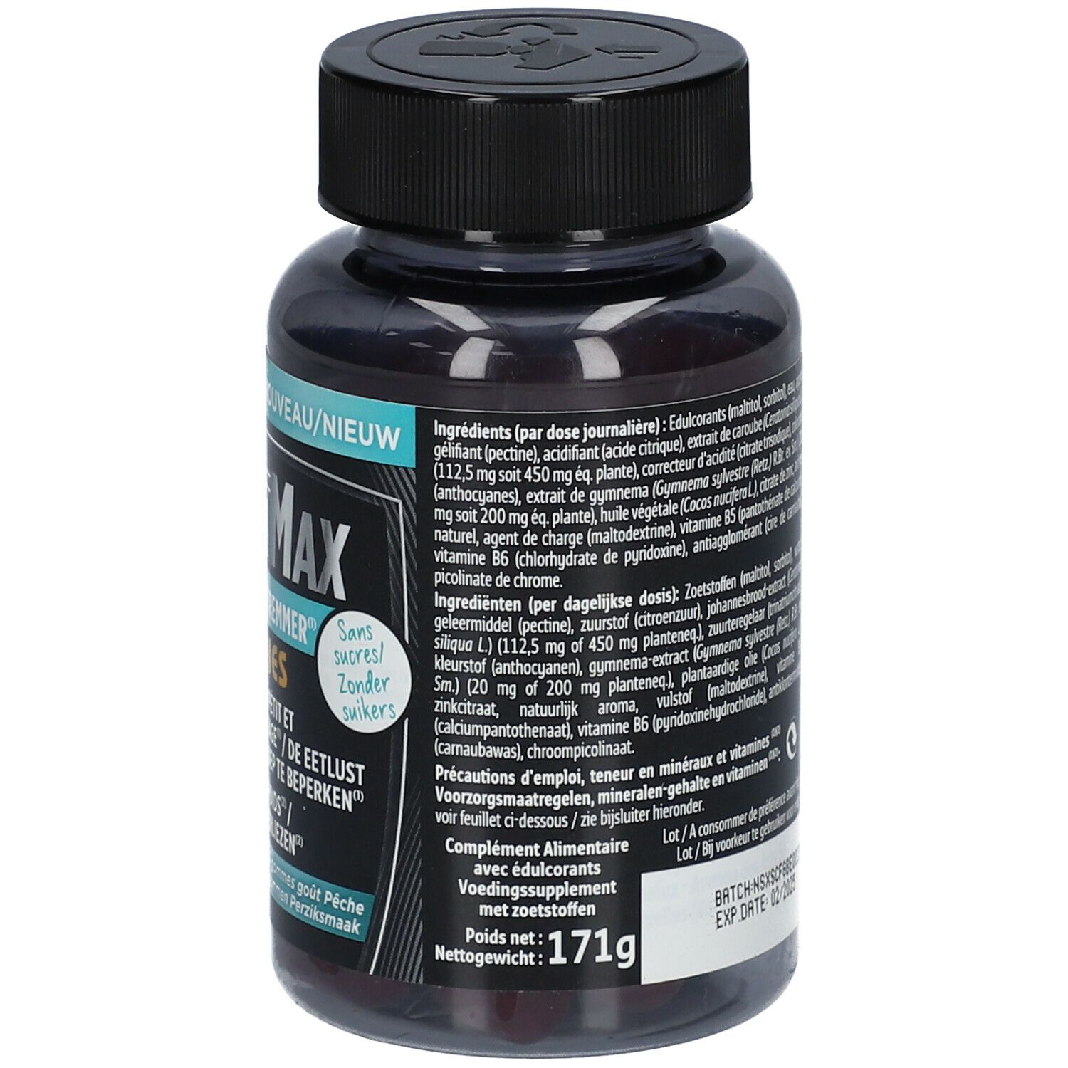 Dos du flacon. Texte: XtraSlim MAX Gummies. Sans sucre. Ingrédients. Poids net: 171g. Marque: FORTE PHARMA.