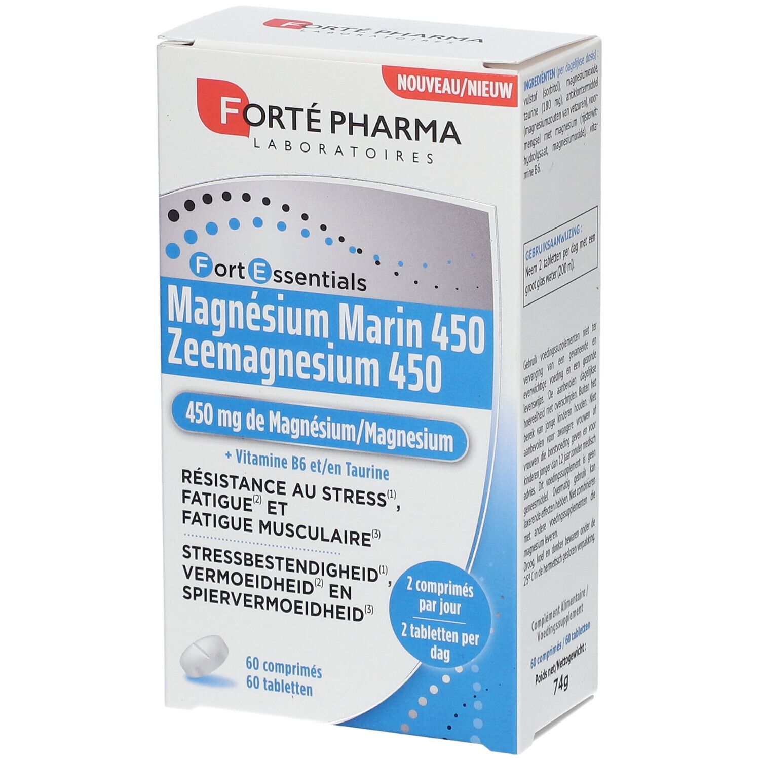 Boîte de Forté Pharma Magnésium Marin 450. Emballage blanc et bleu avec informations produit et logo.