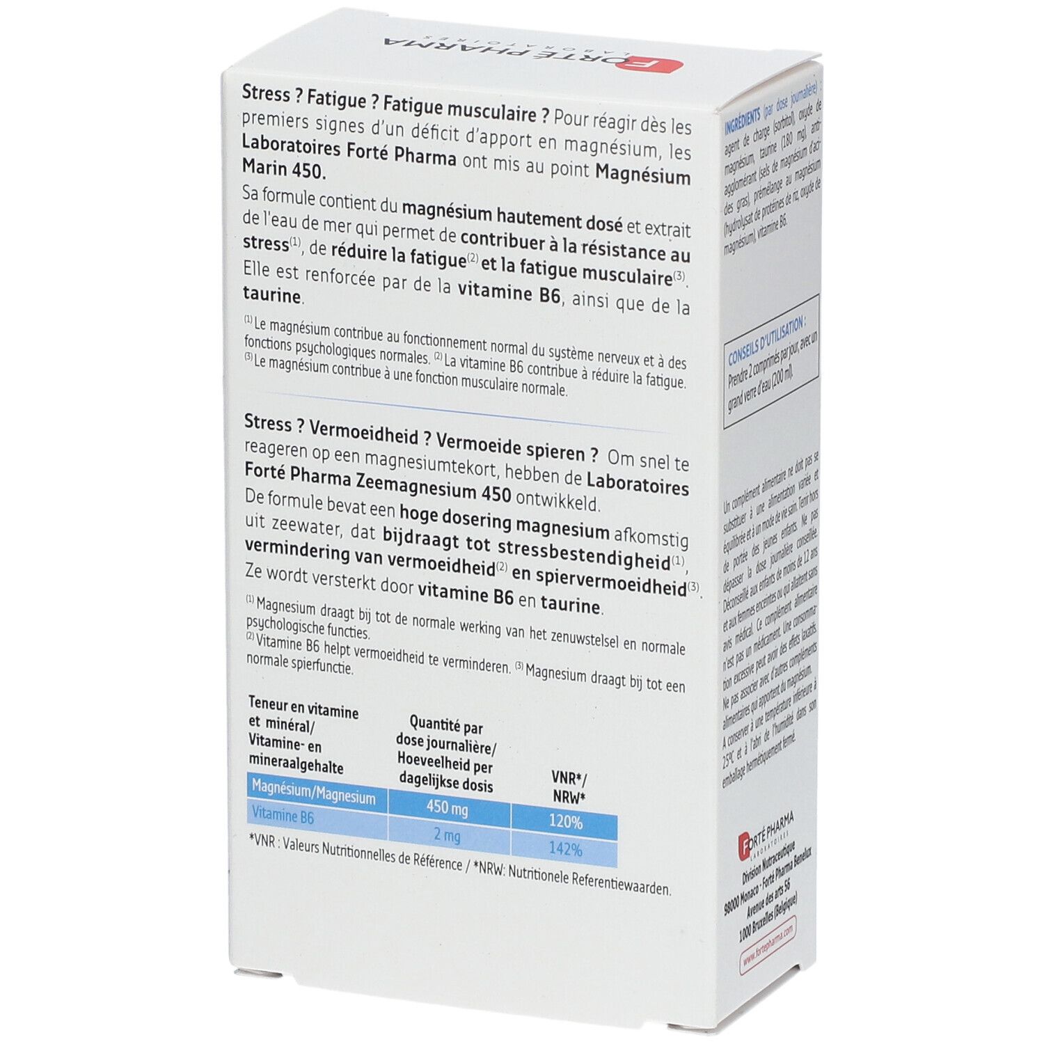 Dos de la boîte Forté Pharma Magnésium Marin 450. Contient informations sur les ingrédients et valeurs nutritionnelles.