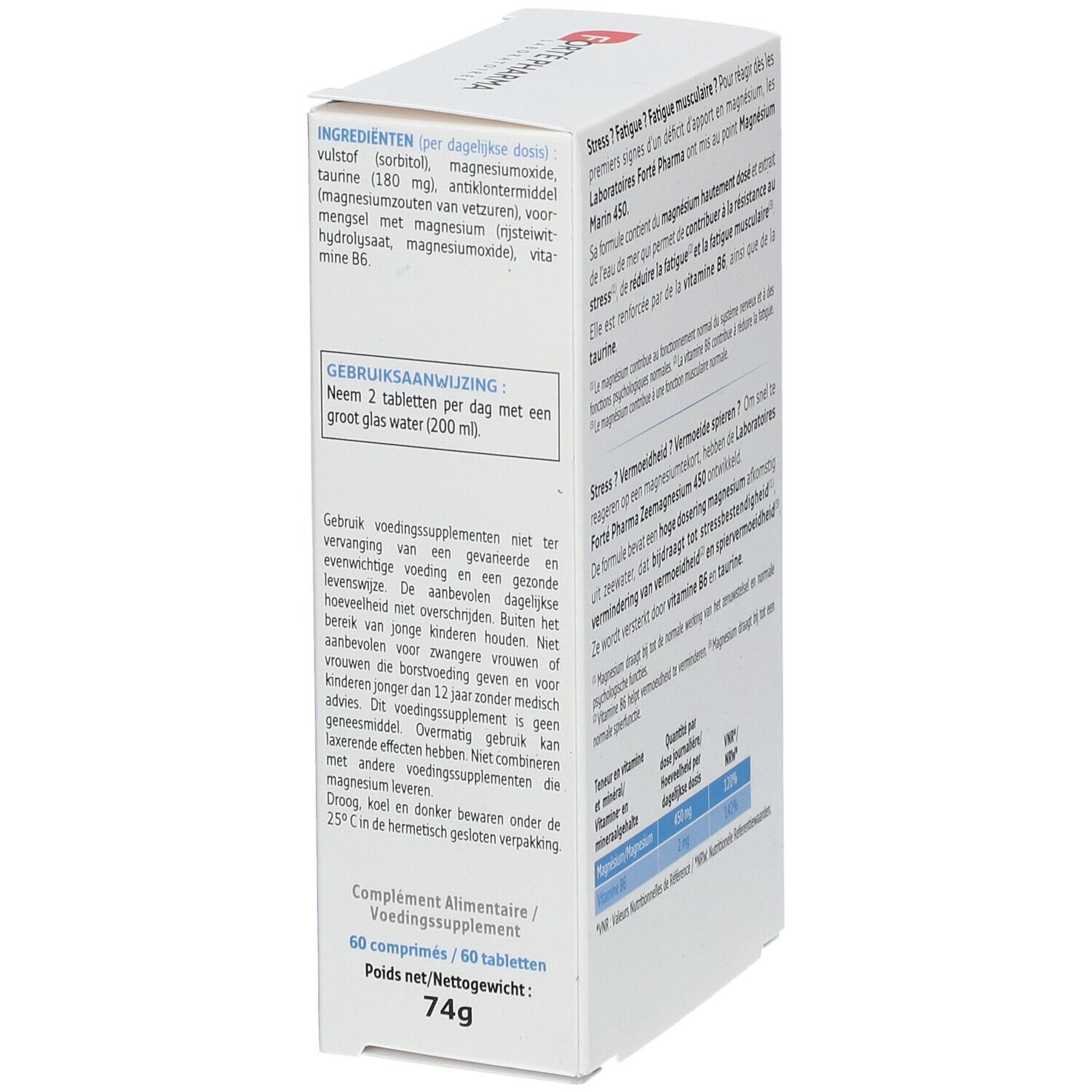 Vue latérale de la boîte Forté Pharma Magnésium Marin 450. Contient informations sur les ingrédients et l'utilisation.