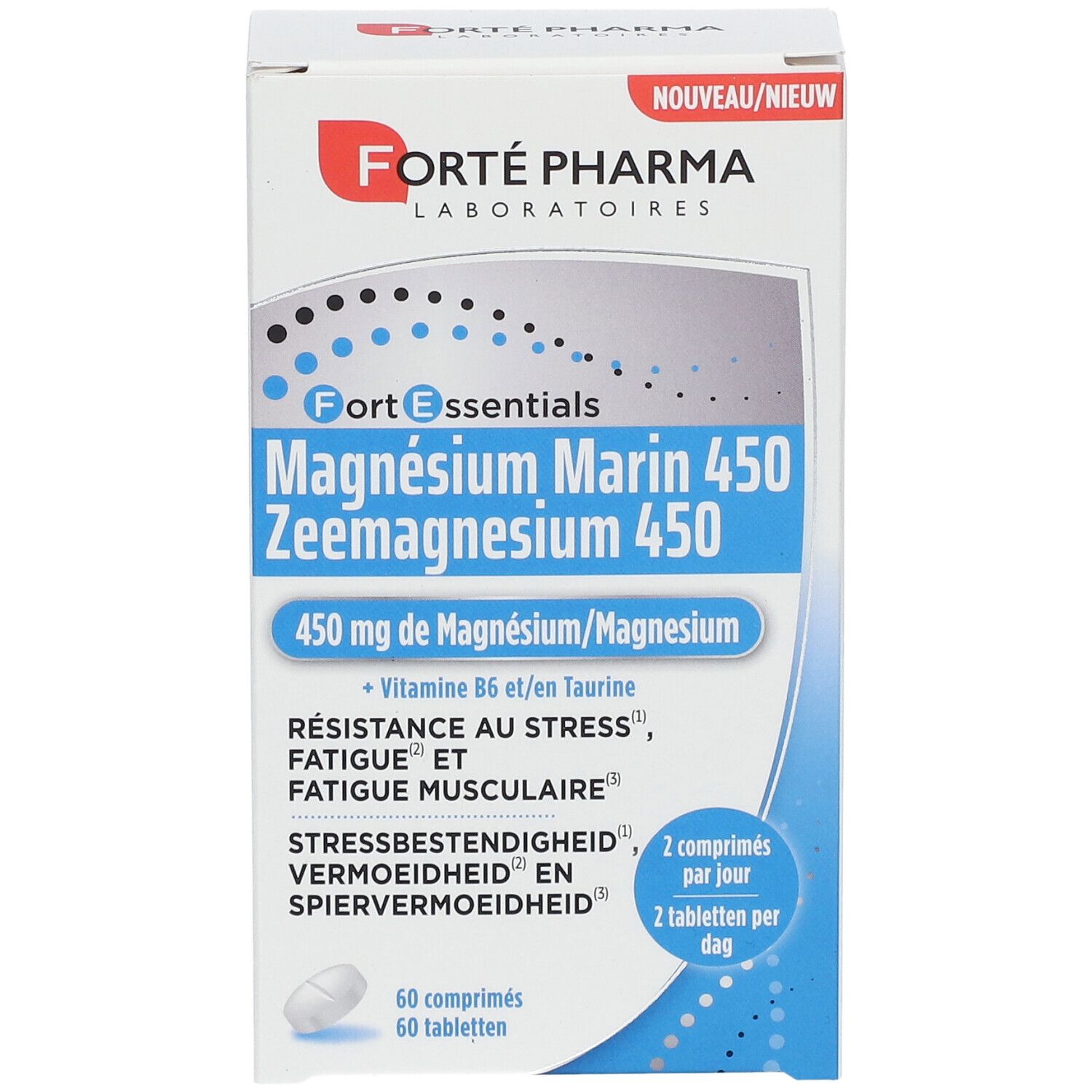 Boîte Forté Pharma Magnésium Marin 450. Emballage blanc et bleu avec informations produit et logo.