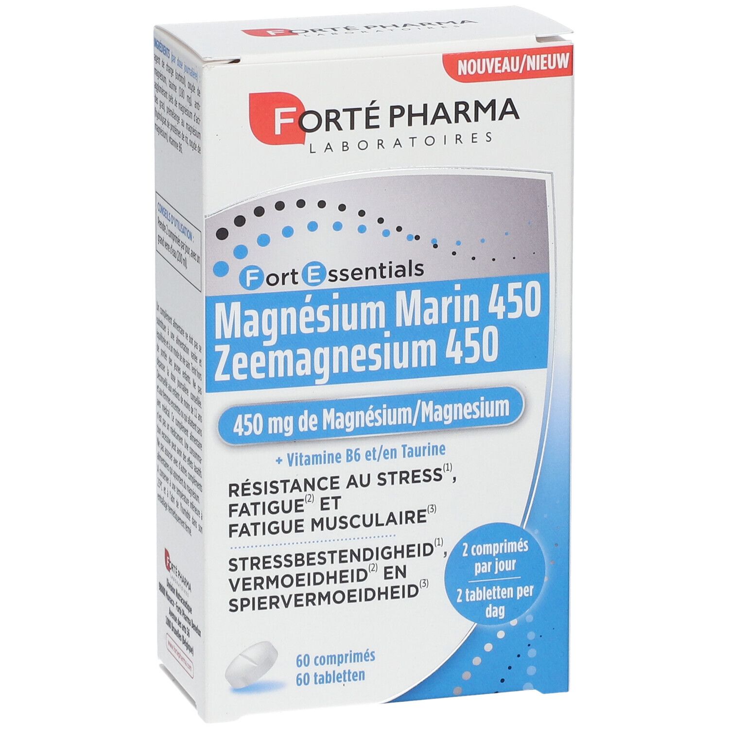 Boîte Forté Pharma Magnésium Marin 450. Emballage blanc et bleu avec informations produit et logo.