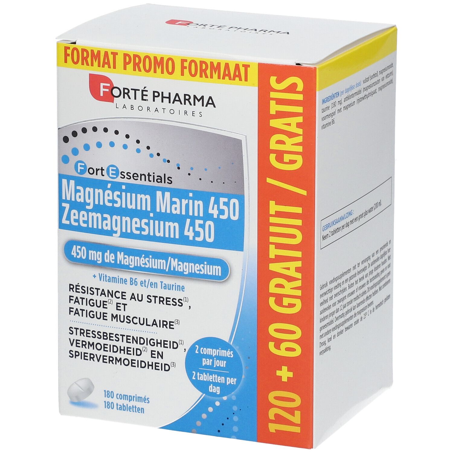 Boîte blanche Forté Pharma. Inscription: Magnésium Marin 450. 120+60 comprimés gratuits. Contient 450 mg de magnésium.