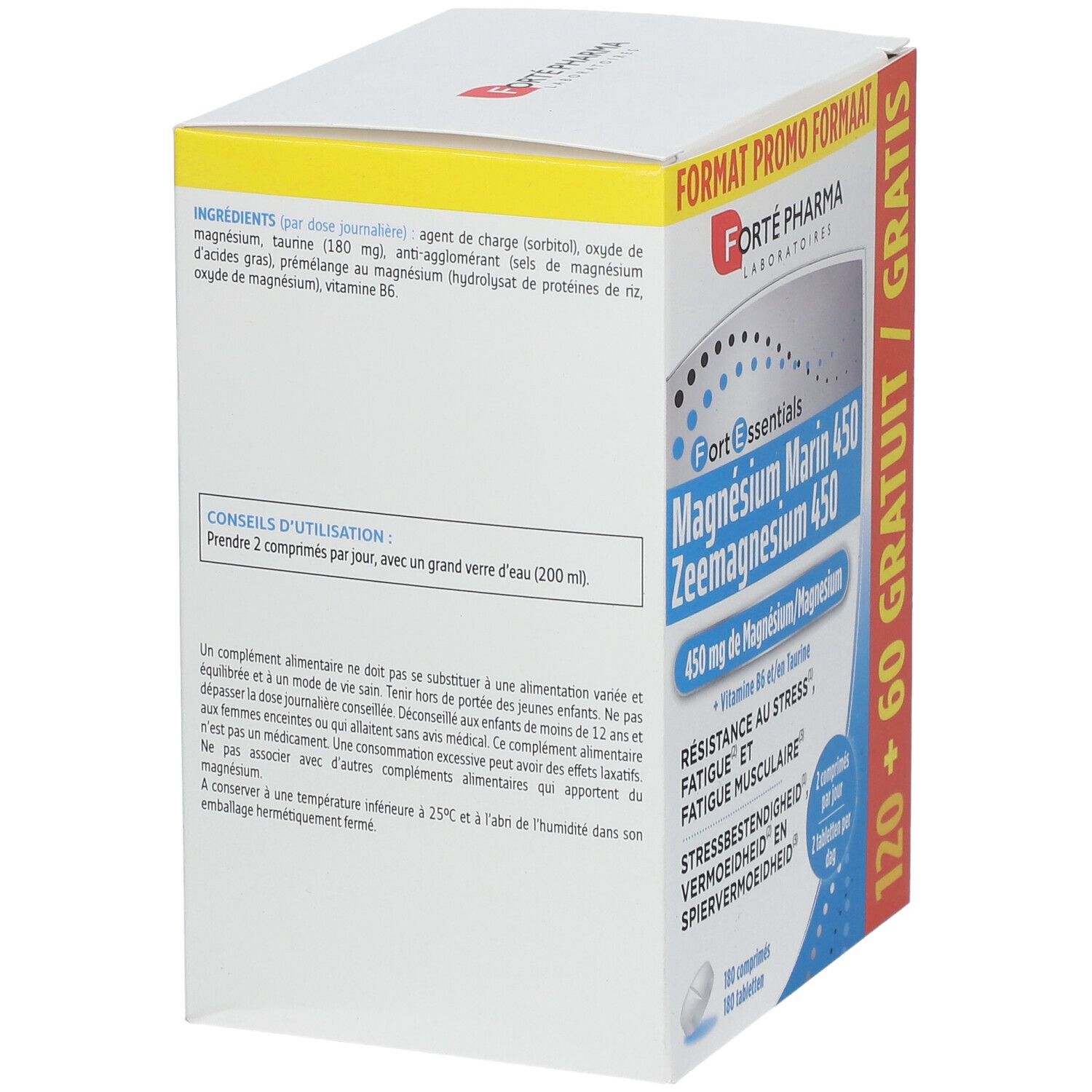 Boîte blanche Forté Pharma. Inscriptions: ingrédients, conseils d'utilisation. Contient 120+60 comprimés gratuits.